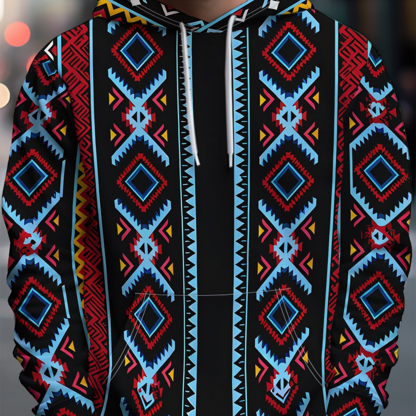 TEMU Men's Streetwear Brand Hooded Sweatshirt With Colorful Geometric Stripes In Arrangement, Strong Ethnic Style - Full Of Streetwear Brand Flair,