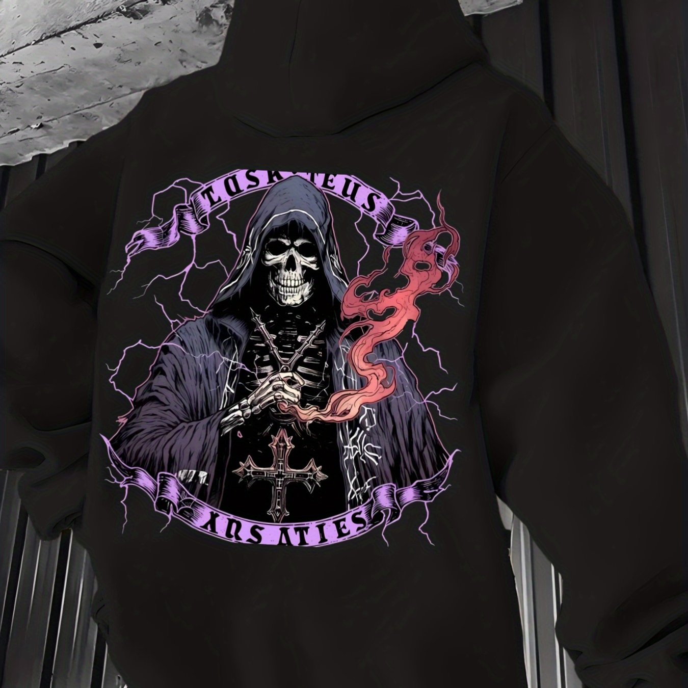 Heavyweight 100% Gothic Reaper Print Hooded Sweatshirt - Skull & , Dark Theme Streetwear Sweater, Soft Warm Pullover For Fall/winter, Regular Fit Casual Gothic Outfit