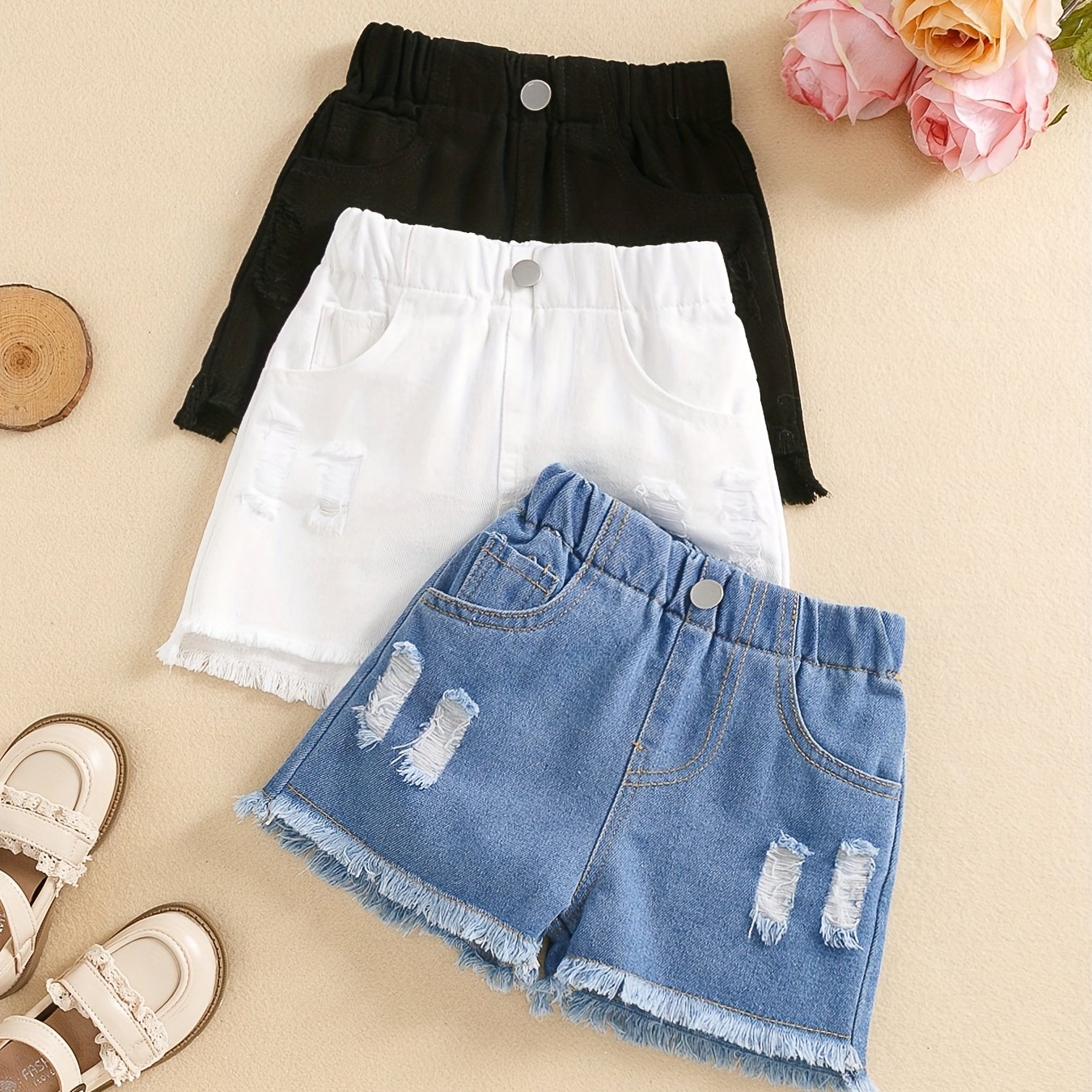 Image of Girls' Short Denim Shorts With Ripped Front And Long Back, Washed Denim Blue + White + Black Three-piece Set, Casual And Cute