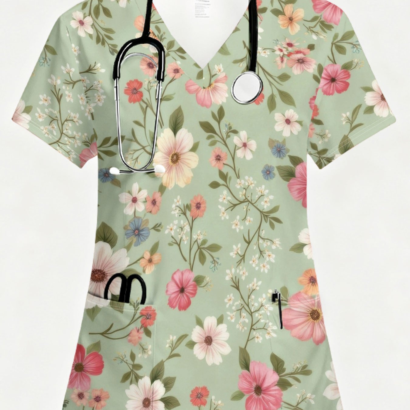 TEMU Women's Short-sleeve V-neck Nurse Uniform With Pockets, Featuring A Modern Minimalist Style, Floral , Soft And Comfortable, Machine Washable,