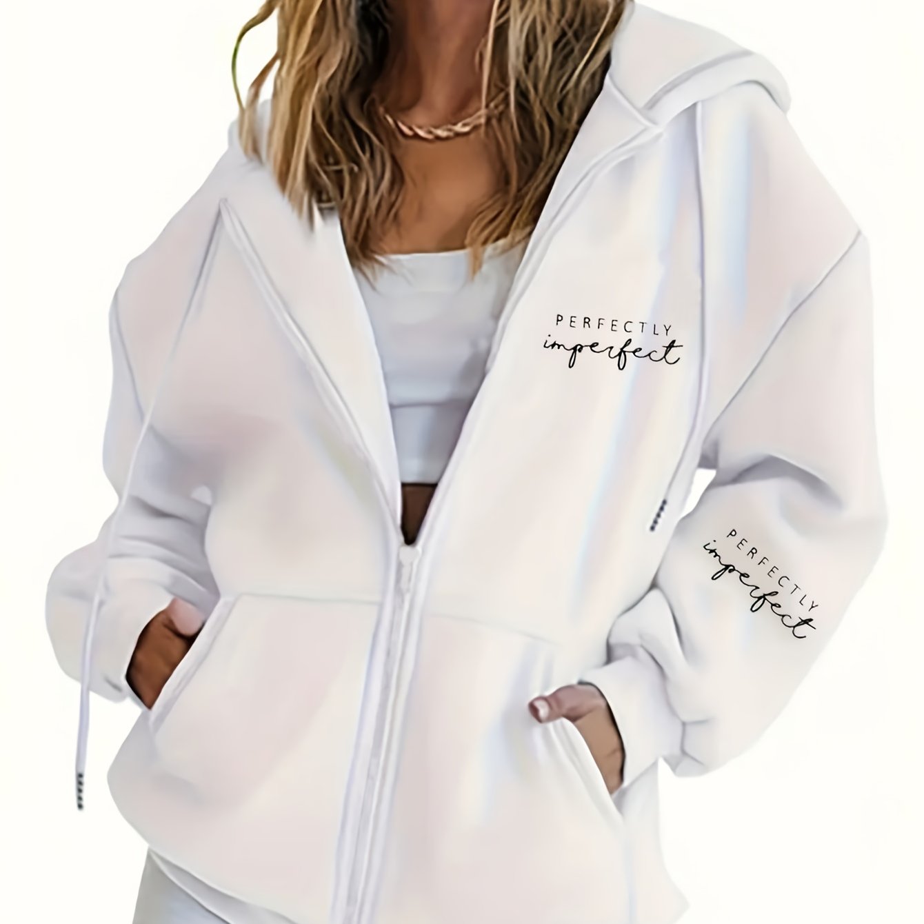 E-shop Damen dick gefütterter Kapuzen-Reißverschluss-Sweatshirt, warmer bequemer Pullover mit Buchstaben-Aufdruck, Kapuze mit Kordelzug, Kängurutasche,