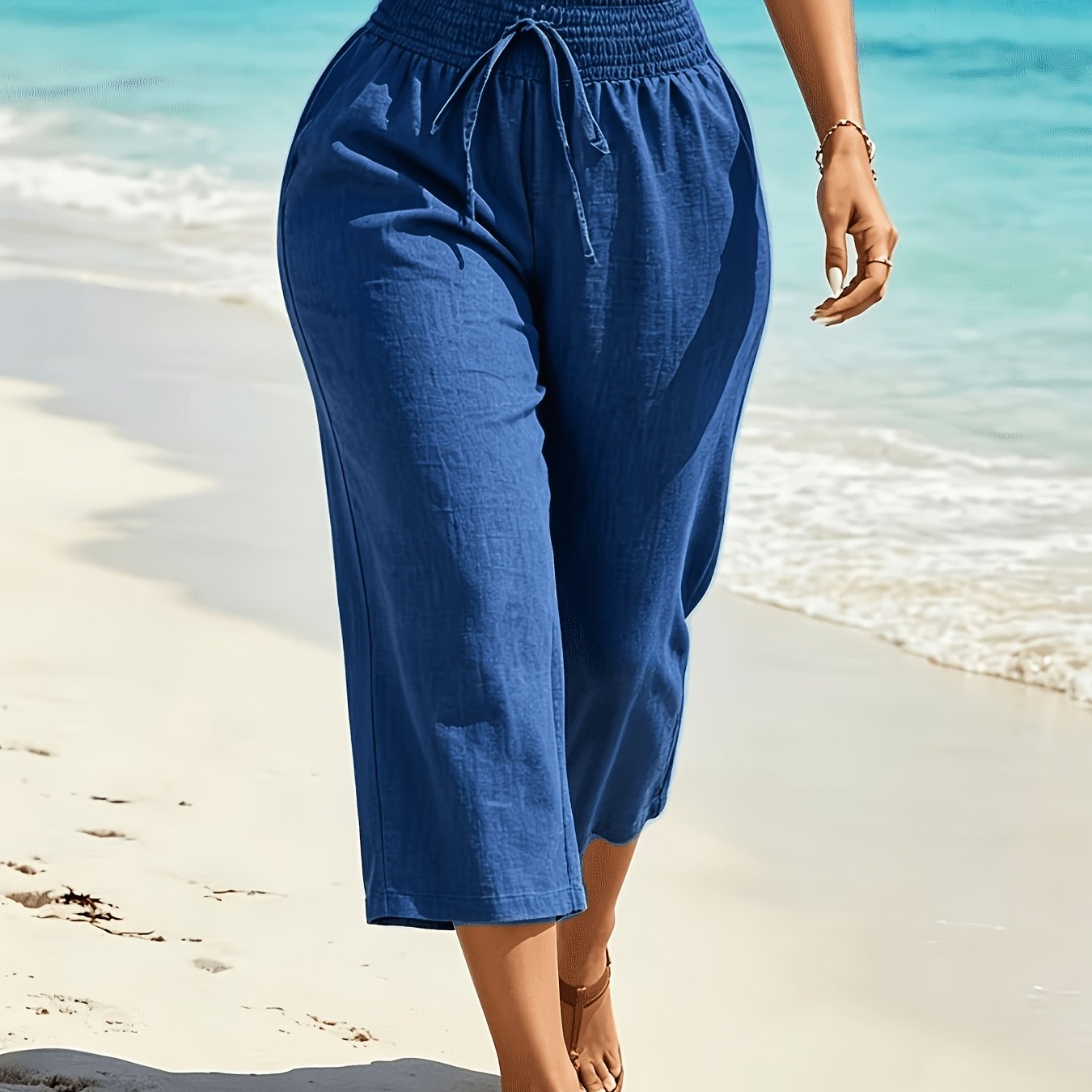 TEMU Seaside Style Capri Pants, Pleated High-waist Loose Fit Casual Commuter Women's Pants Asd1