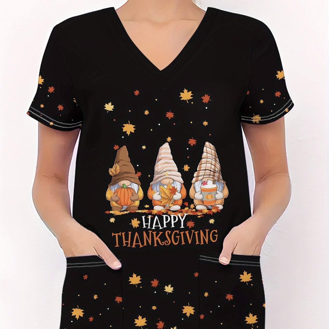 TEMU T-shirt de Thanksgiving pour femmes, imprimé goblin, col en V, manches courtes, t-shirt pour femmes, uniforme d'infirmière à poches