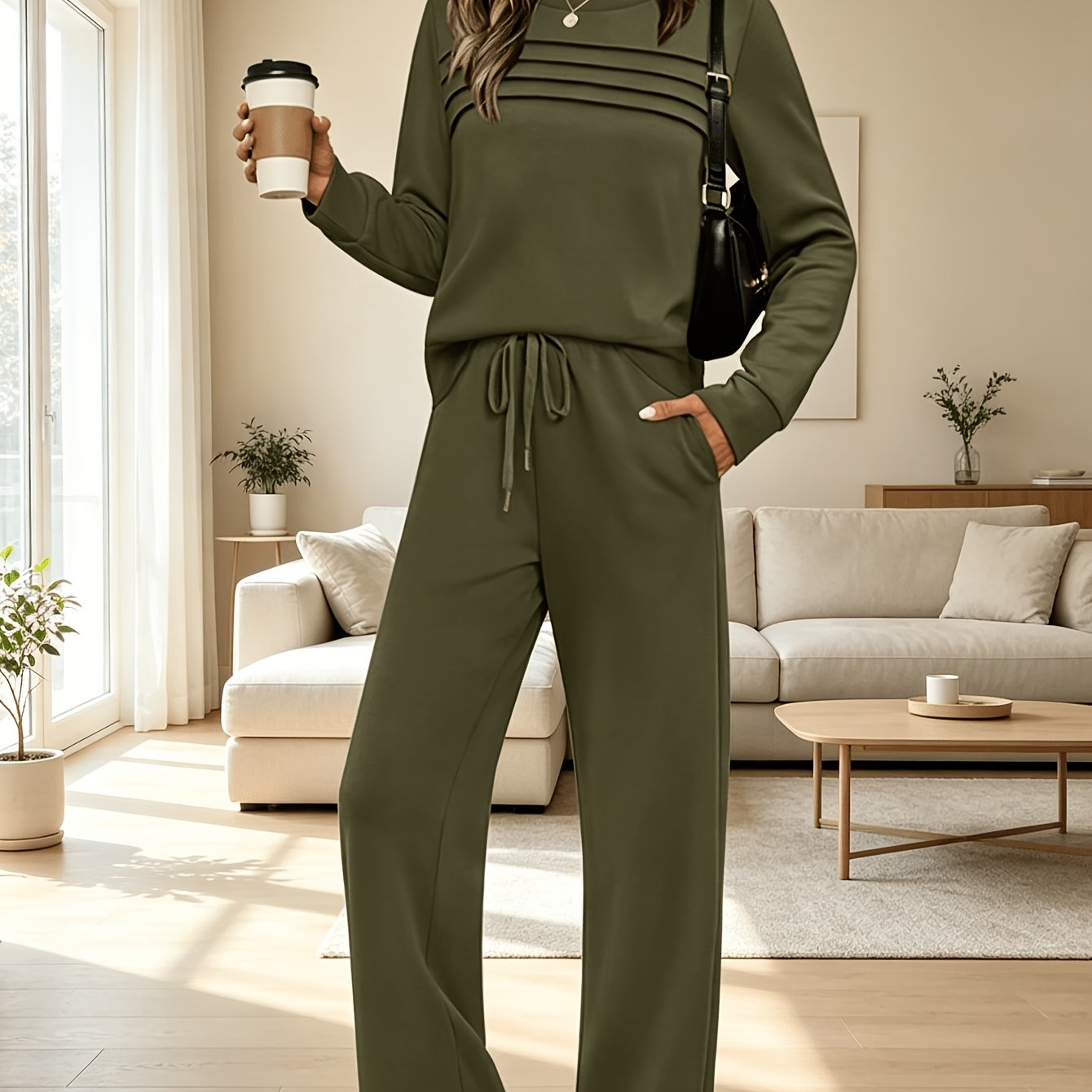 TEMU Casual Women's 2pcs Outfit Set, Pleated Long Sleeve Round Neck Top And Drawstring Wide Leg Pants With Pockets, Solid Color, Loose-fit Casual