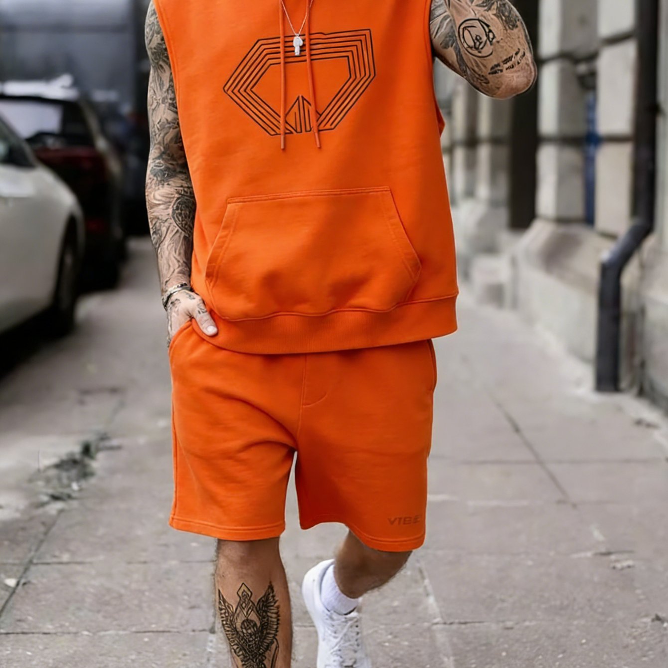 Image of Men's Summer Polyester Sleeveless Hoodie Set Casual Sports Printed Vest And Shorts 2 Piece Outfit
