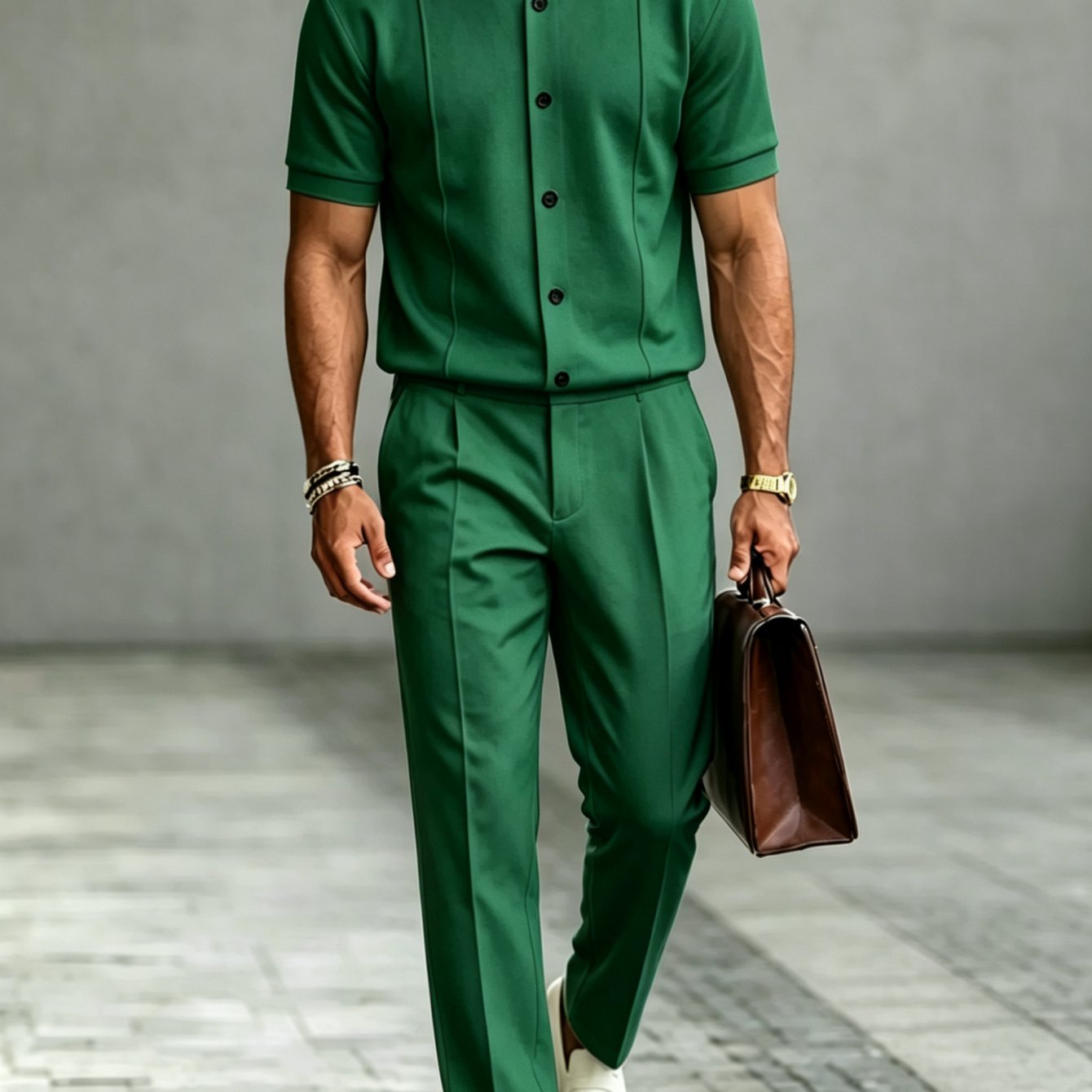 Two-piece Set: Men's Business-casual Printed Button-up Jacket (short Sleeve) With Matching Trousers - Multiple Colors , Plus Size