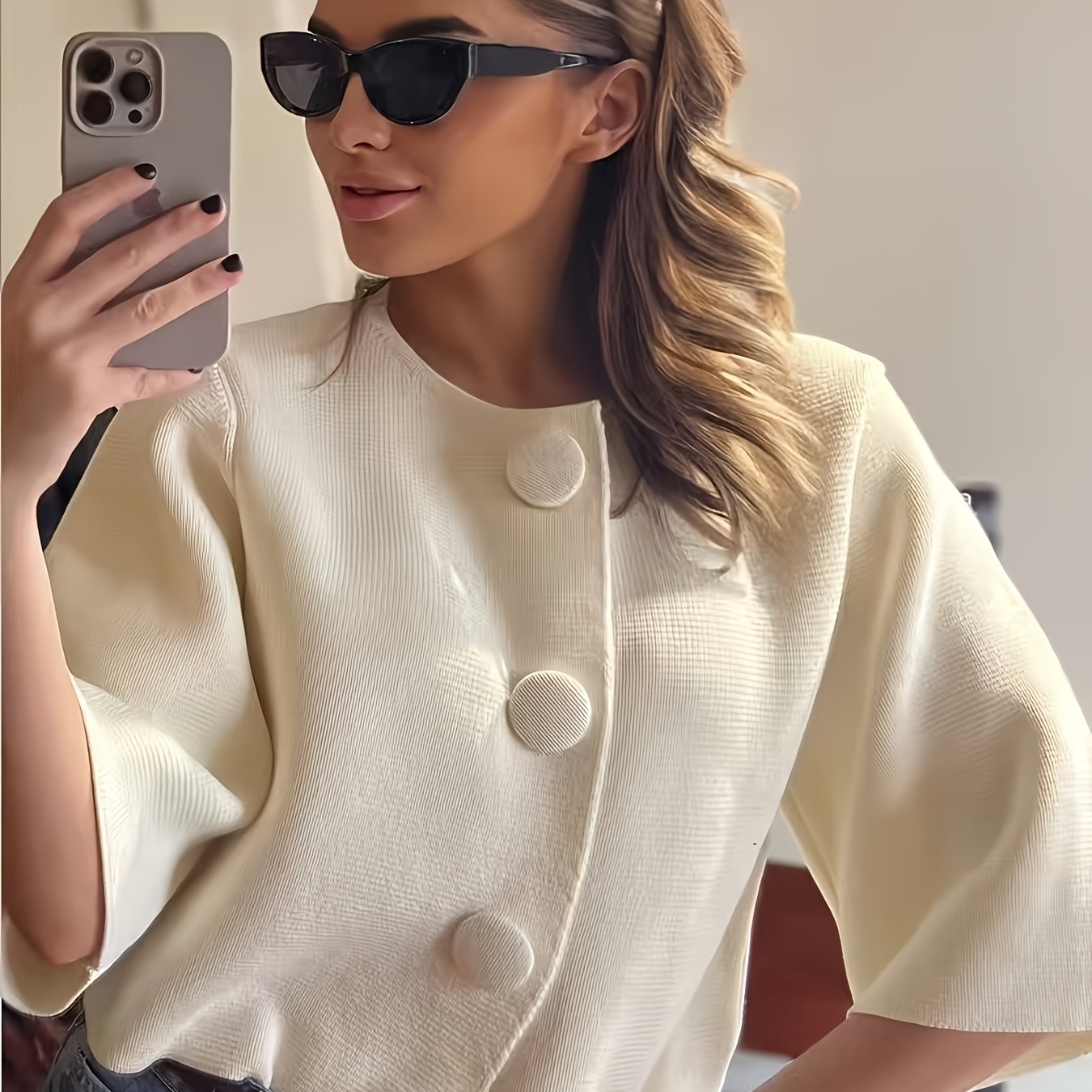 TEMU Large Button Cardigan - Oversized Cropped Top With Flared Bell Sleeves, Round Neck Button-front Closure, Medium Stretch Suitable For - Layering,