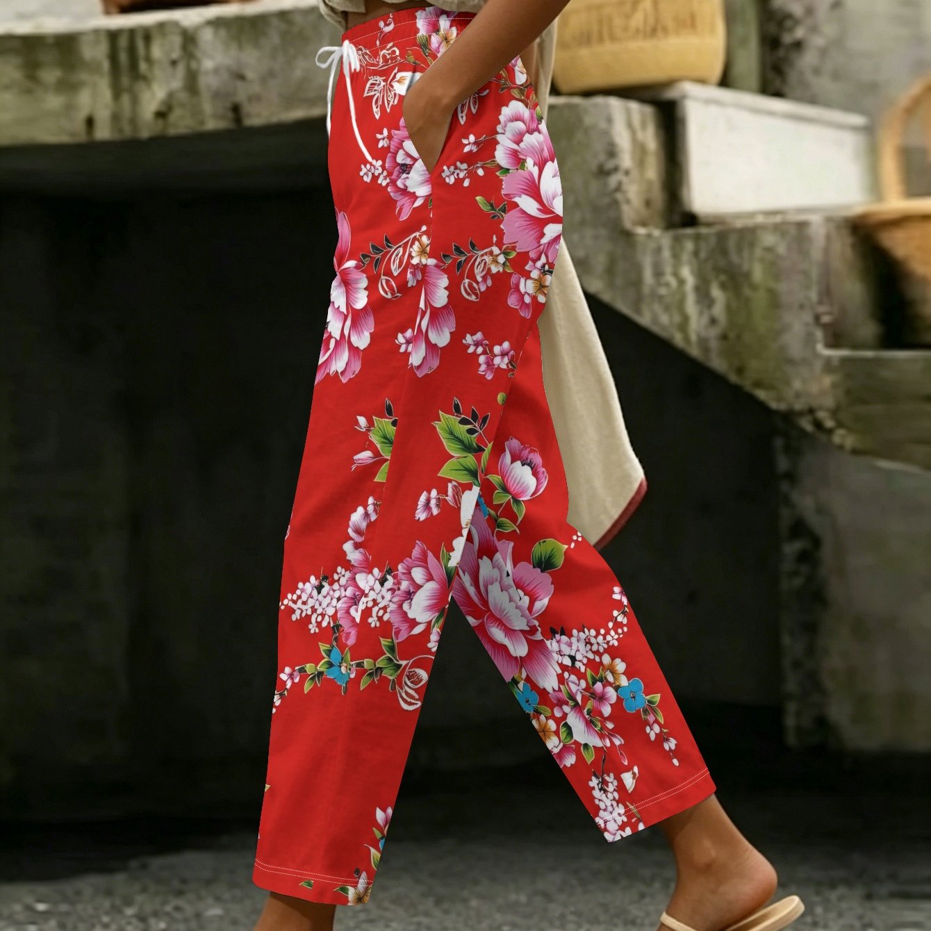 TEMU Nouveau Pantalon Long Imprimé pour Femme, Coupe Régulière, Pantalon Polyvalent Décontracté à Jambe Droite, Motif Floral , Confortable pour ,