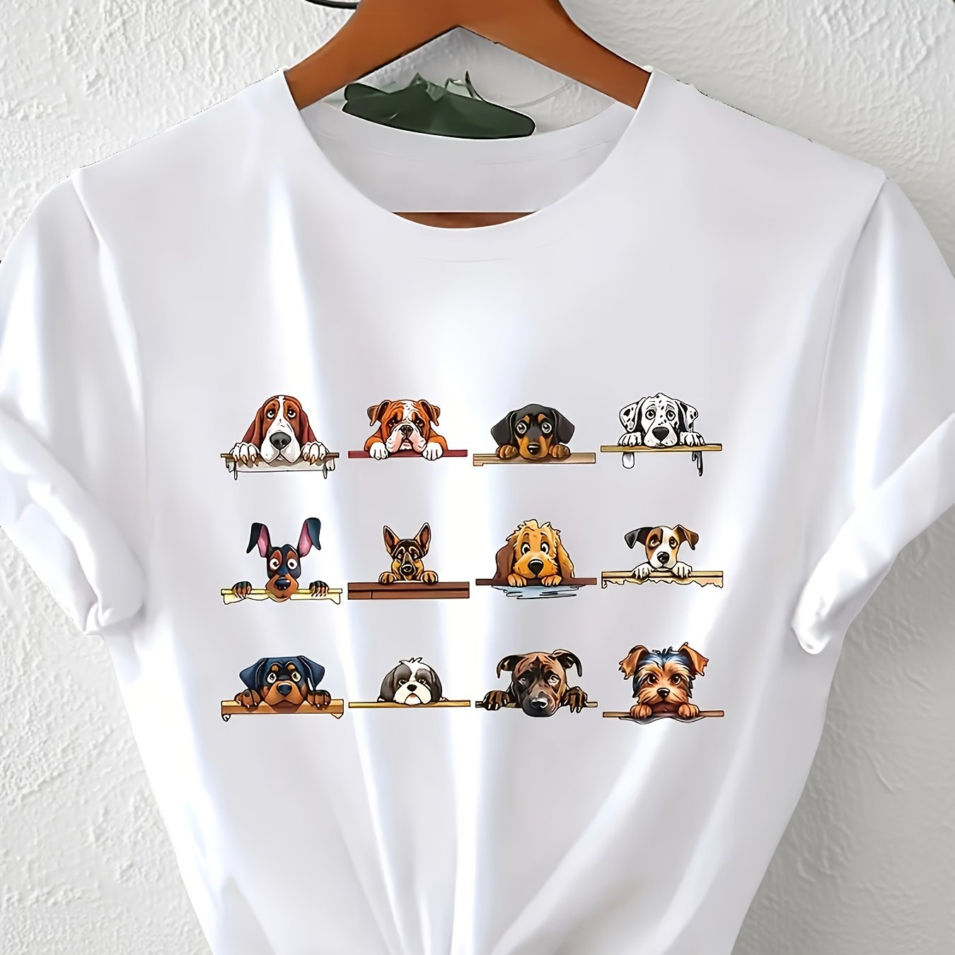 TEMU Women's Casual Short Sleeve T-shirt - Soft Round Neck Dog Breed Pattern Print, Black, Machine Washable Spring Summer Fashion Top, Cute Tee,