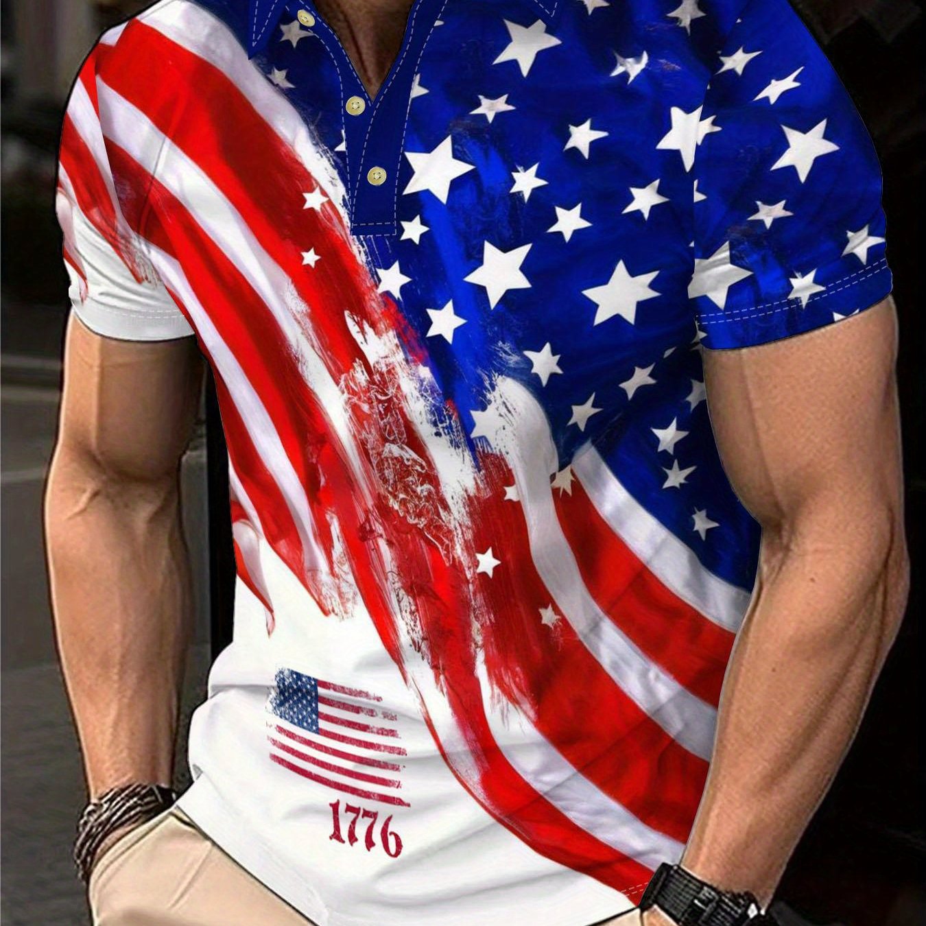 TEMU Summer Fashion Men's Casual Short Sleeve Shirt American Flag Pattern Print Top