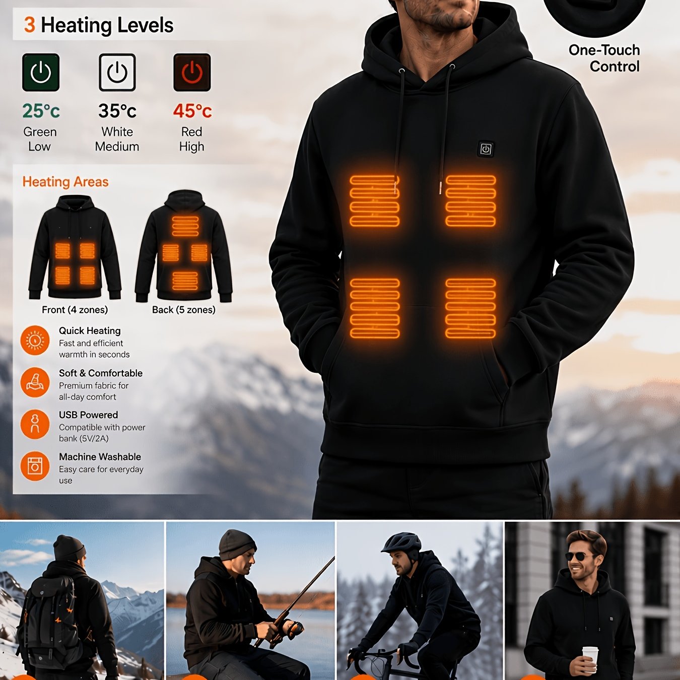 TEMU Heated Hoodie, 9 Heating Zones, Fast Usb Heating, Adjustable Temperature, Ideal For Casual & Outdoor Sports. Power Supply Not Included
