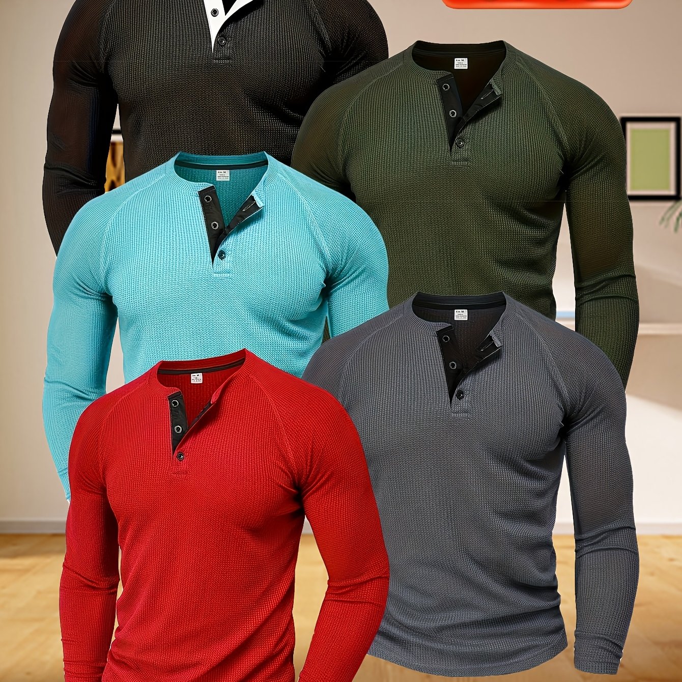 TEMU 5pcs Men's Casual Sports Henry Shirts, Round Neck Half Button Solid Color Waffle Long Sleeved Shirts, Suitable For Golf, Fitness, Running, Going