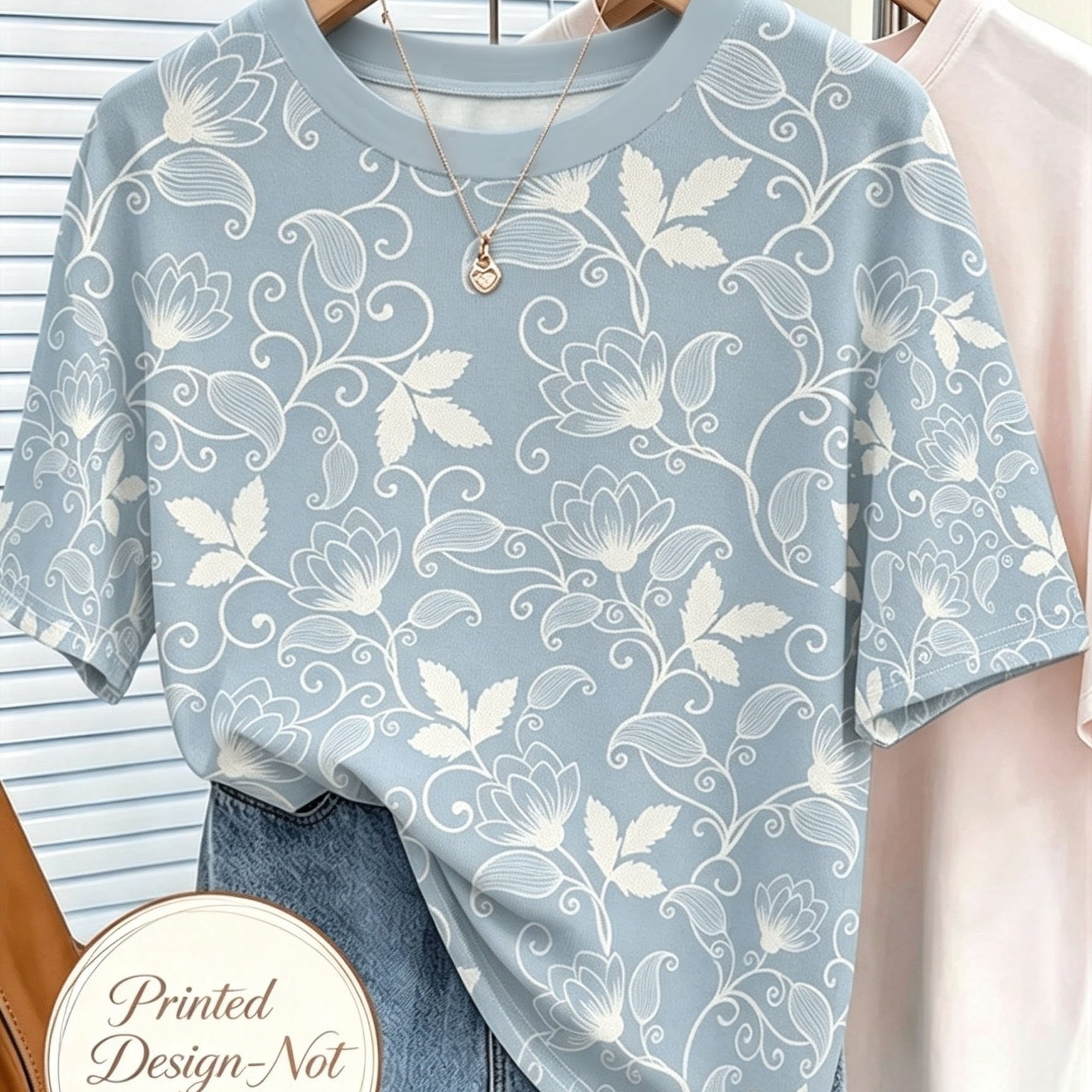 TEMU Plus Size Women's T-shirt, Mixed Colors, Multiple Sizes , Fabric, Light Blue Floral Vine Pattern, Elegant Delicate Design, Suitable For Daily