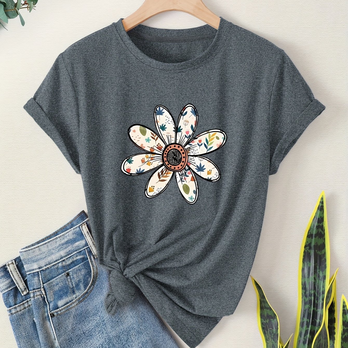TEMU T-shirt décontracté de sport à manches courtes pour femmes, style , avec imprimés de marguerites colorées