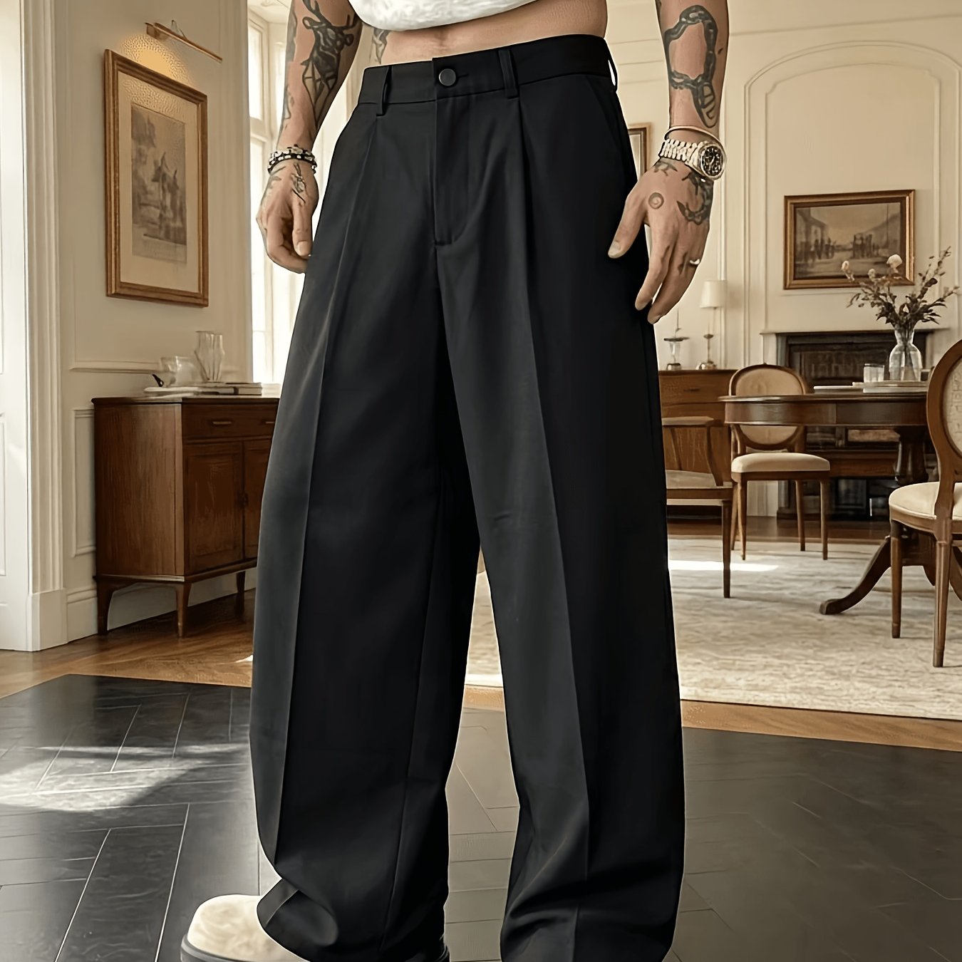 TEMU Pantalones de hombre de ajuste holgado, color liso y con drapeado, casuales, elegantes y versátiles