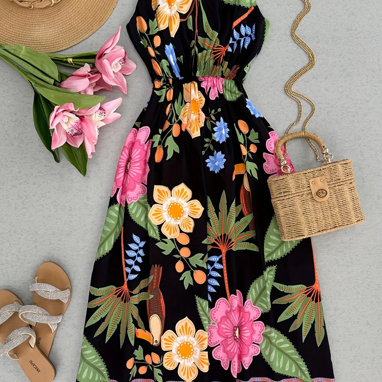 TEMU [size For Regular Fit] Women's Elegant And Fashionable Spaghetti Strap Full-body Floral Print V-neck Waist-cinching A-line Holiday Maxi Dress