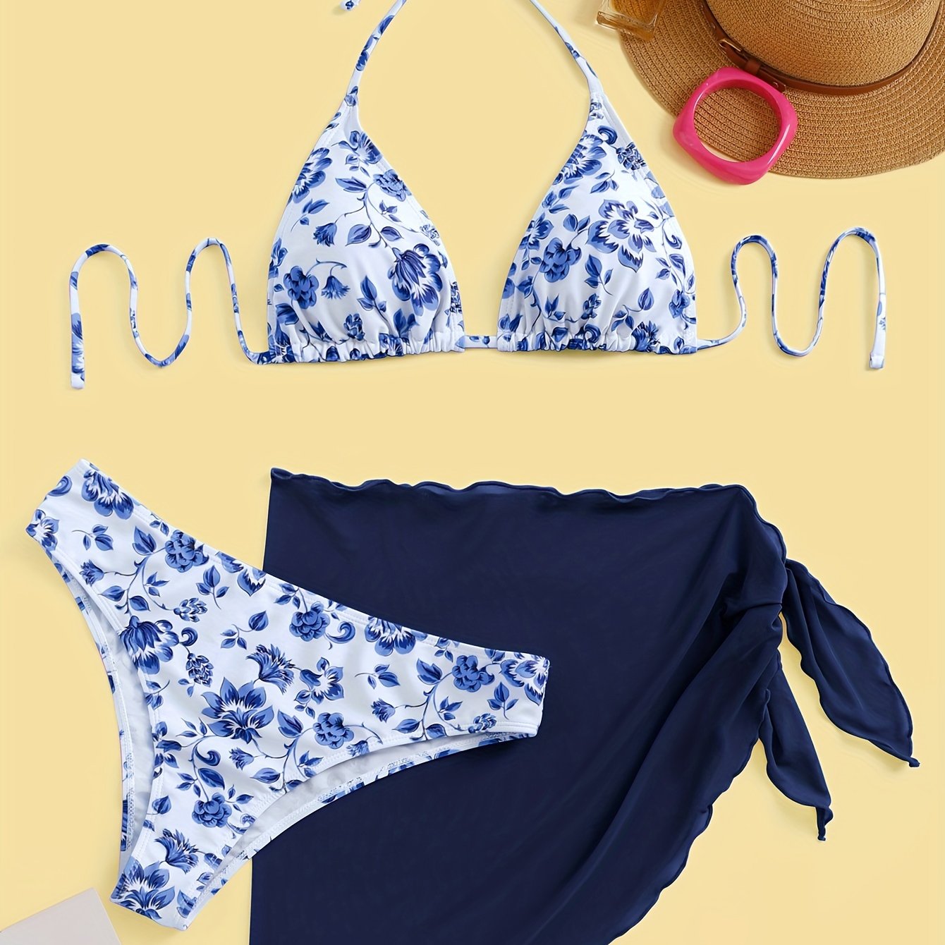 E-shop 1 Set Damen Bikini mit Blumenmuster und Netzrock - Hochelastisches Polyestergewebe, Neckholder, ärmellos, lässige Strick-Strandbekleidung