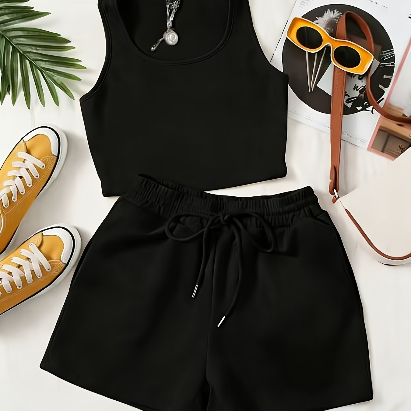TEMU Plus Size - Plus Size - Solid Top And Shorts Set