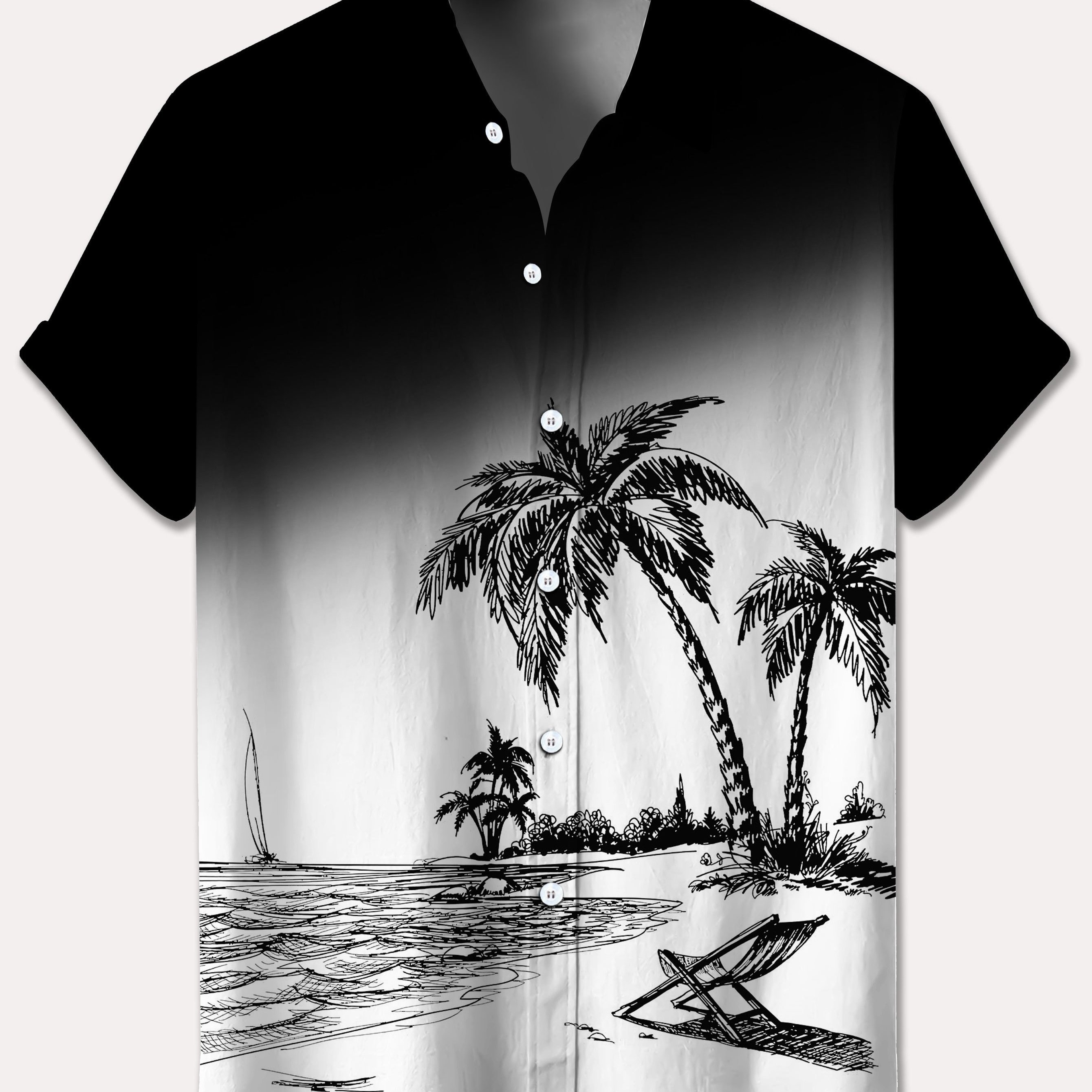 Image of Men's Plus Size Casual Short Sleeve Hawaiian Shirt - Tropical Beach Scene With Palm Trees, Relaxing Chairs & Sailboat Print, Lightweight Polyester, , Button-up Collar For , Plus Size