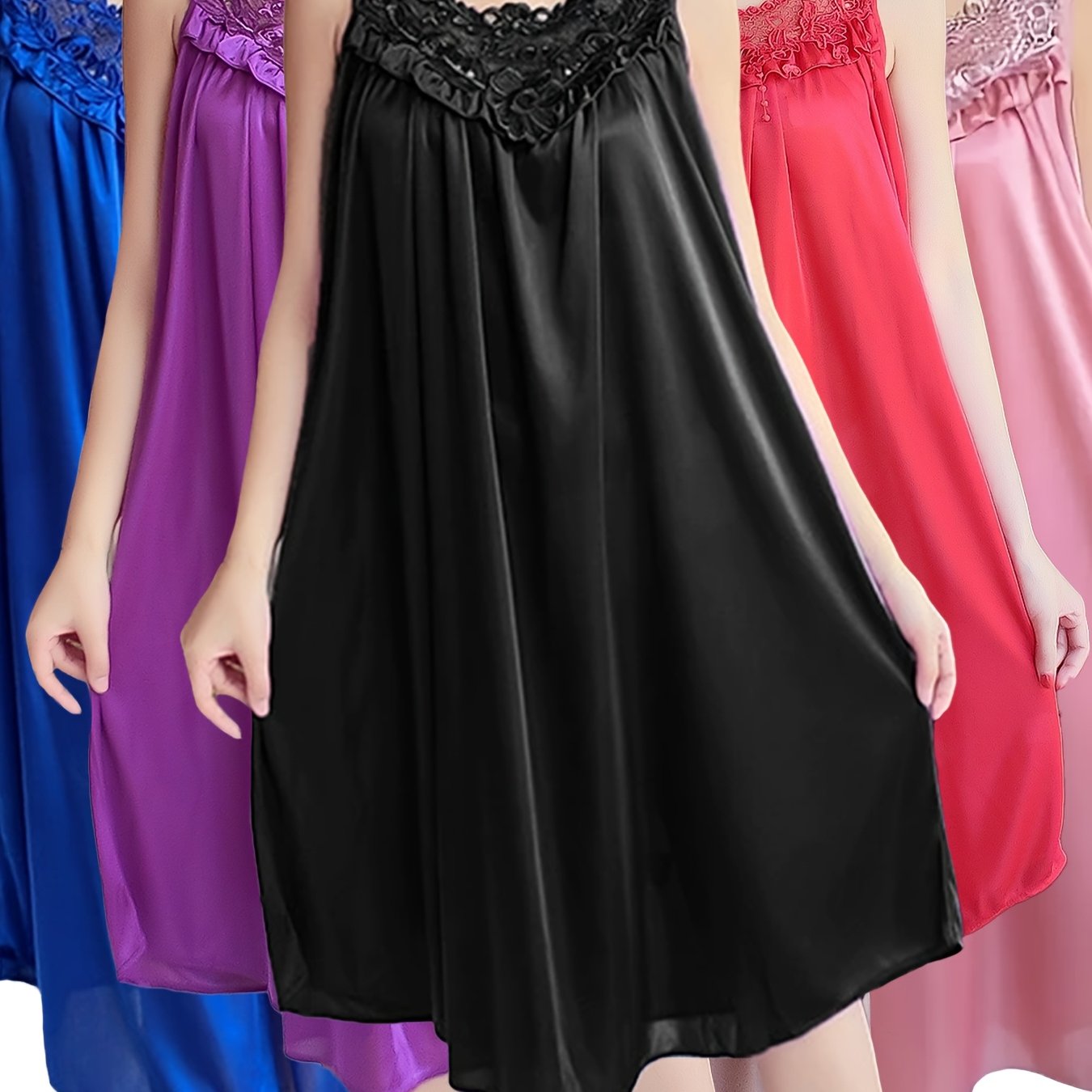 TEMU Set Of 5 Women's Stylish Solid Lace Nightgowns, Featuring A Round Neck And Backless Design, Relaxed Fit Tank Dress, Cozy Sleepwear, Chic & For