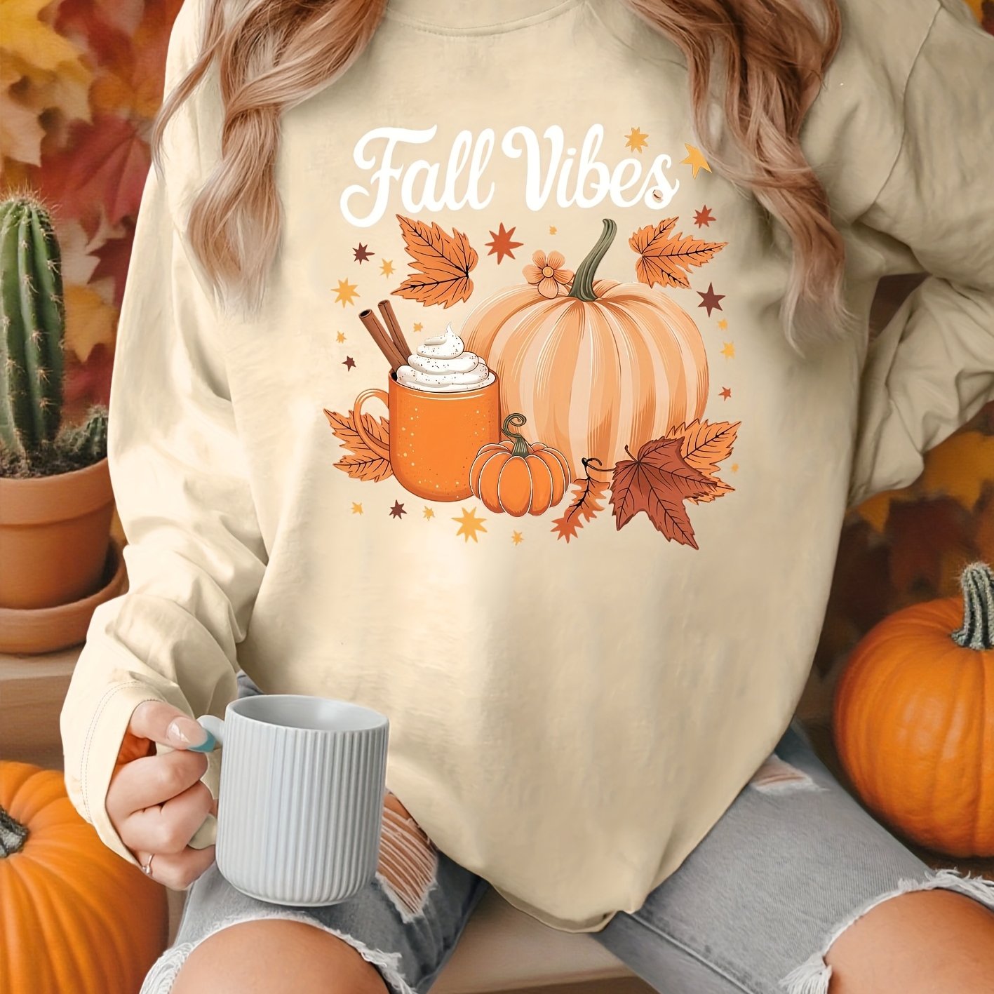 TEMU Thanksgiving Women's Letter Print Long Sleeve T-shirt With Pumpkin, , And Creamy Drink "fall Vibes" Print, Family Set, Comfortable, Soft, And
