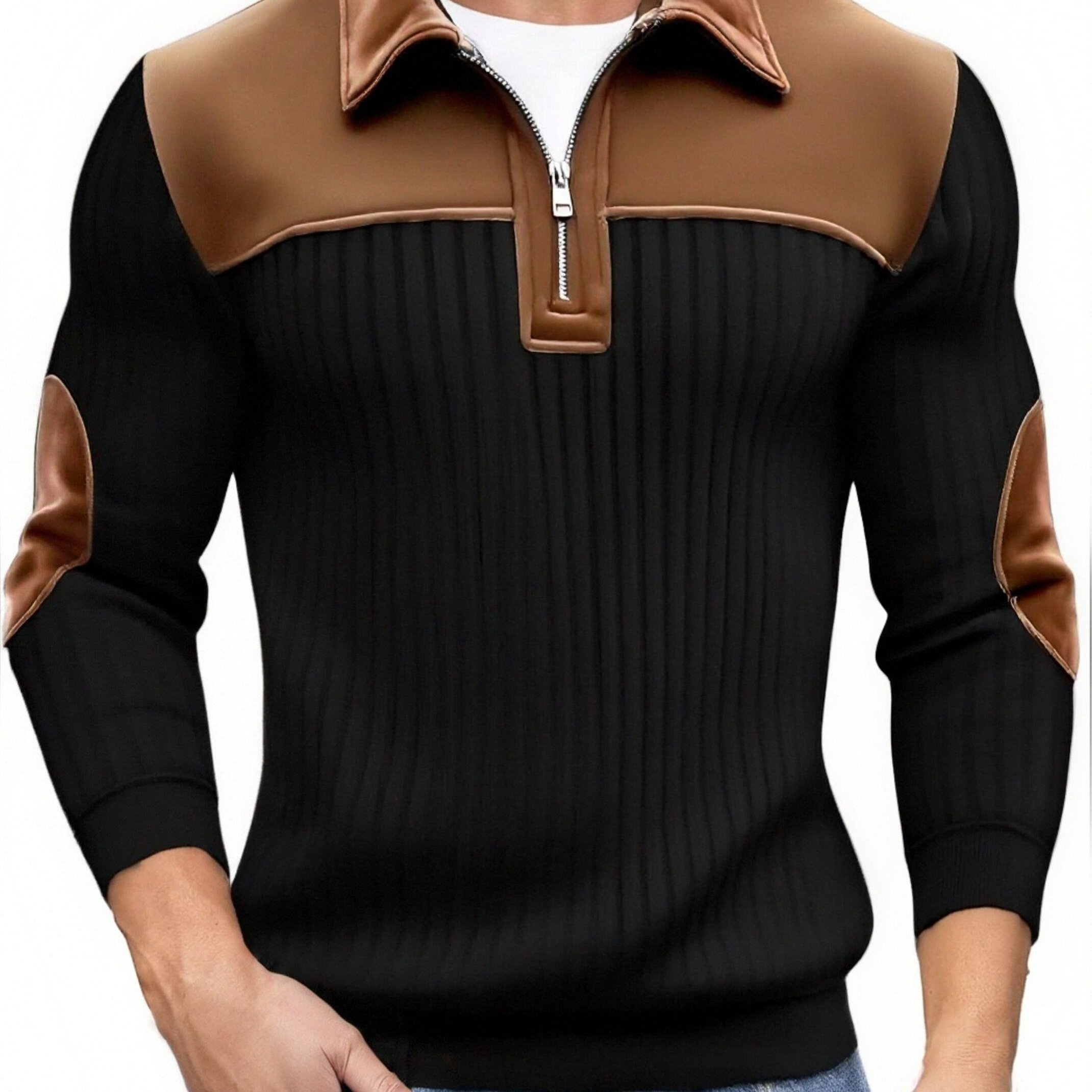 TEMU Autumn/winter Men's Long-sleeve Jacquard Knit Sweater, Christmas Gift, Thickened Color-block Striped Casual Stand Collar Zip-up Pullover