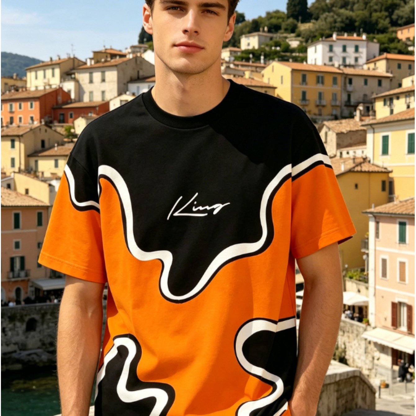TEMU [printed Design - Not Textured] Black And Orange Contrast Color Graffiti Plus Size Men's Clothing 2026 New Style High-end Designer Top, Suitable