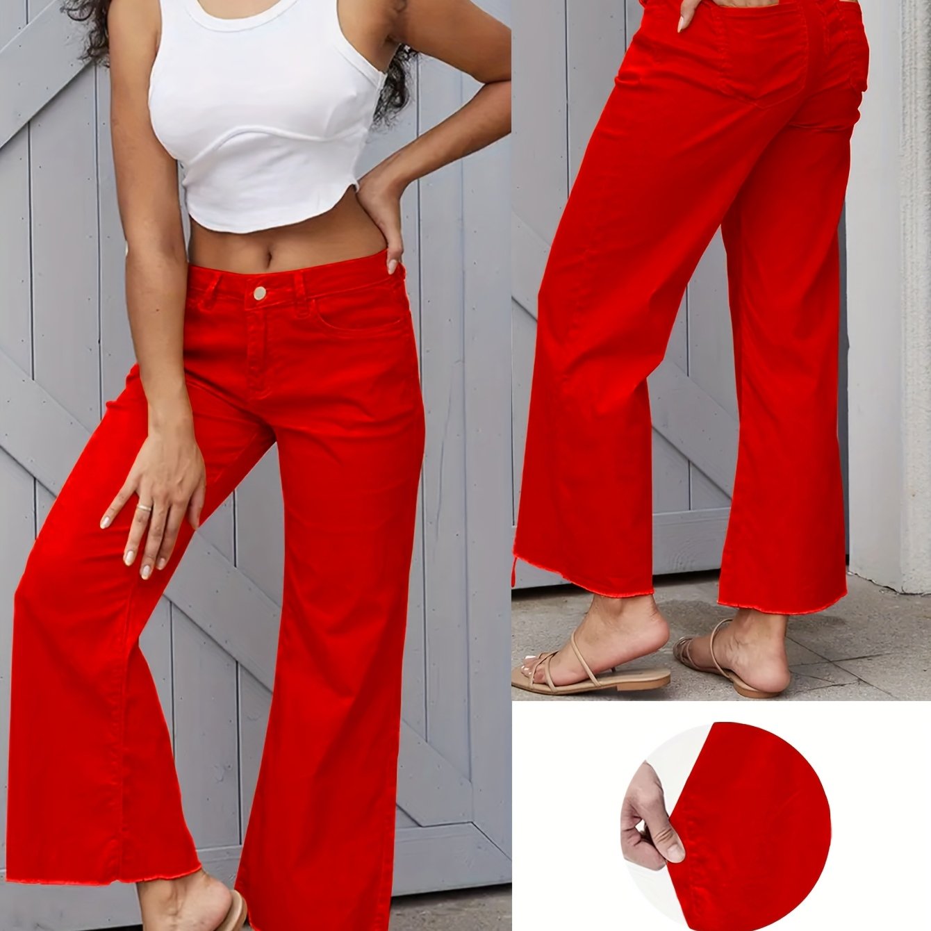 Dk85518*vibrant Red Wide Leg Stretch Denim Pants (plus Size )