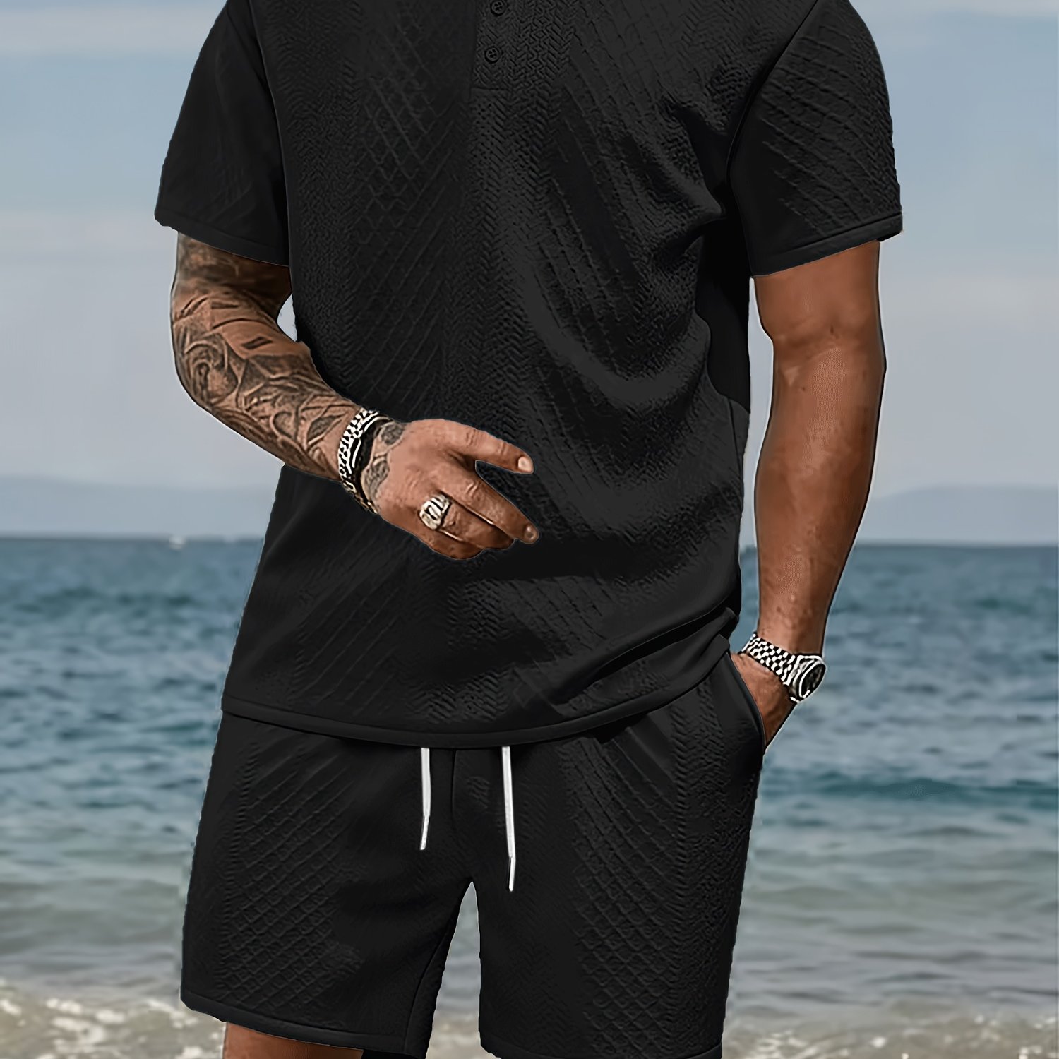 TEMU Plus Size Men's Clothing, Plus Size Men's Fashion Casual Suit, Textured Athletic Two-piece Set, Short Sleeve Lapel Shirt And Pants With