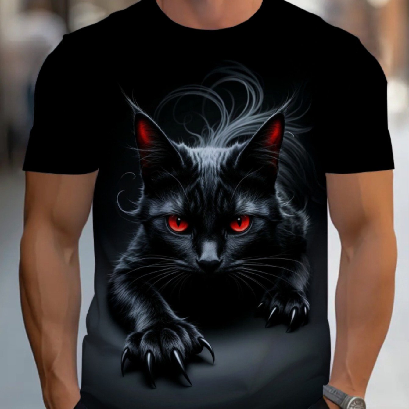 E-shop Schwarzes Herren T-Shirt mit Flammenkatzen-Design, geeignet für lässige Restaurantkleidung, aus weichem Stoff, leicht und strapazierfähig, für