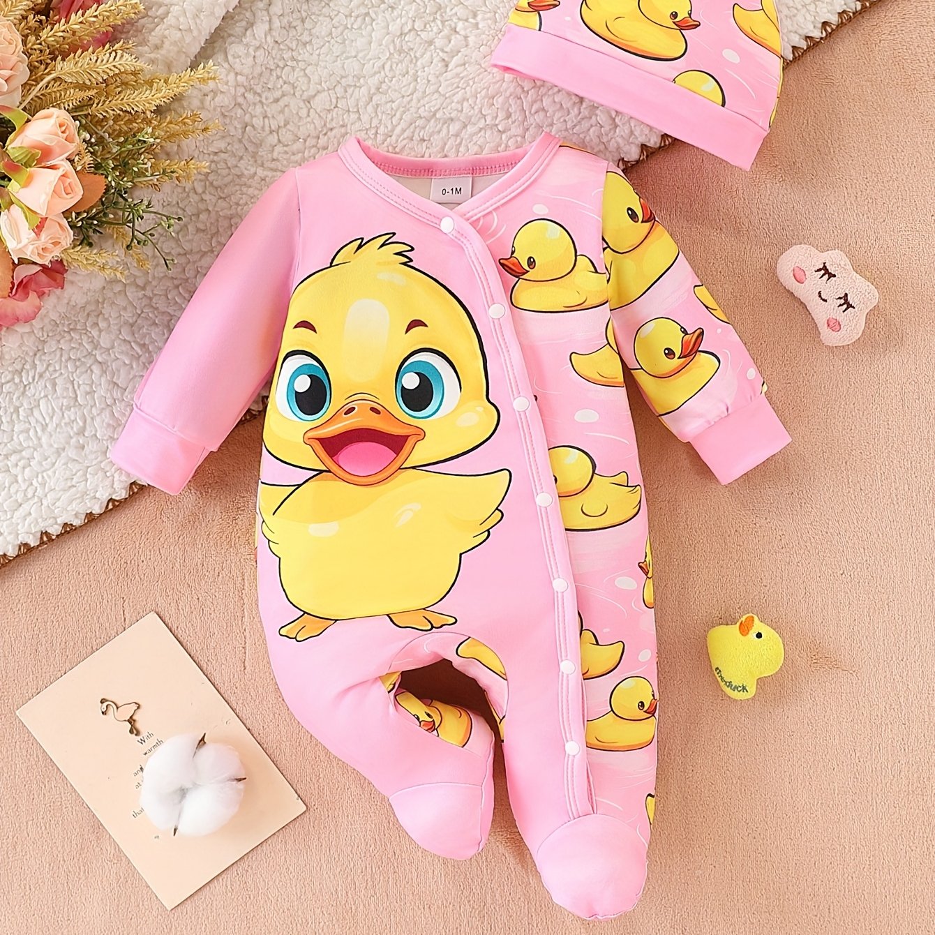 Spring And Autumn Children's Cute Duck Cartoon Pattern Footed Bodysuit + Hat Set, Comfortable Soft Fabric, Girls' Clothing For Outdoor Activities, Perfect For Outdoor