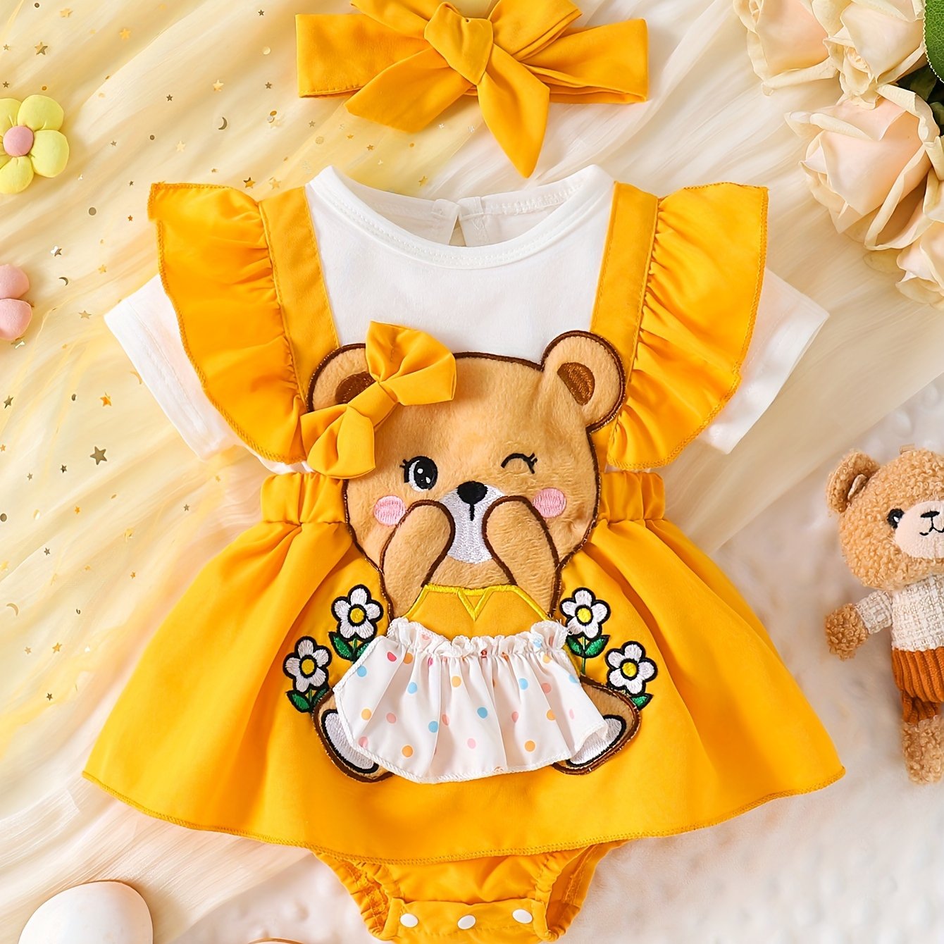 Image of Single Piece Outfit And Headband For Baby Girls, Newborns, Cute And , Bowknot, Cartoon Embroidery, Little Bear Pattern, Summer Cute Triangle Romper, For Outdoor