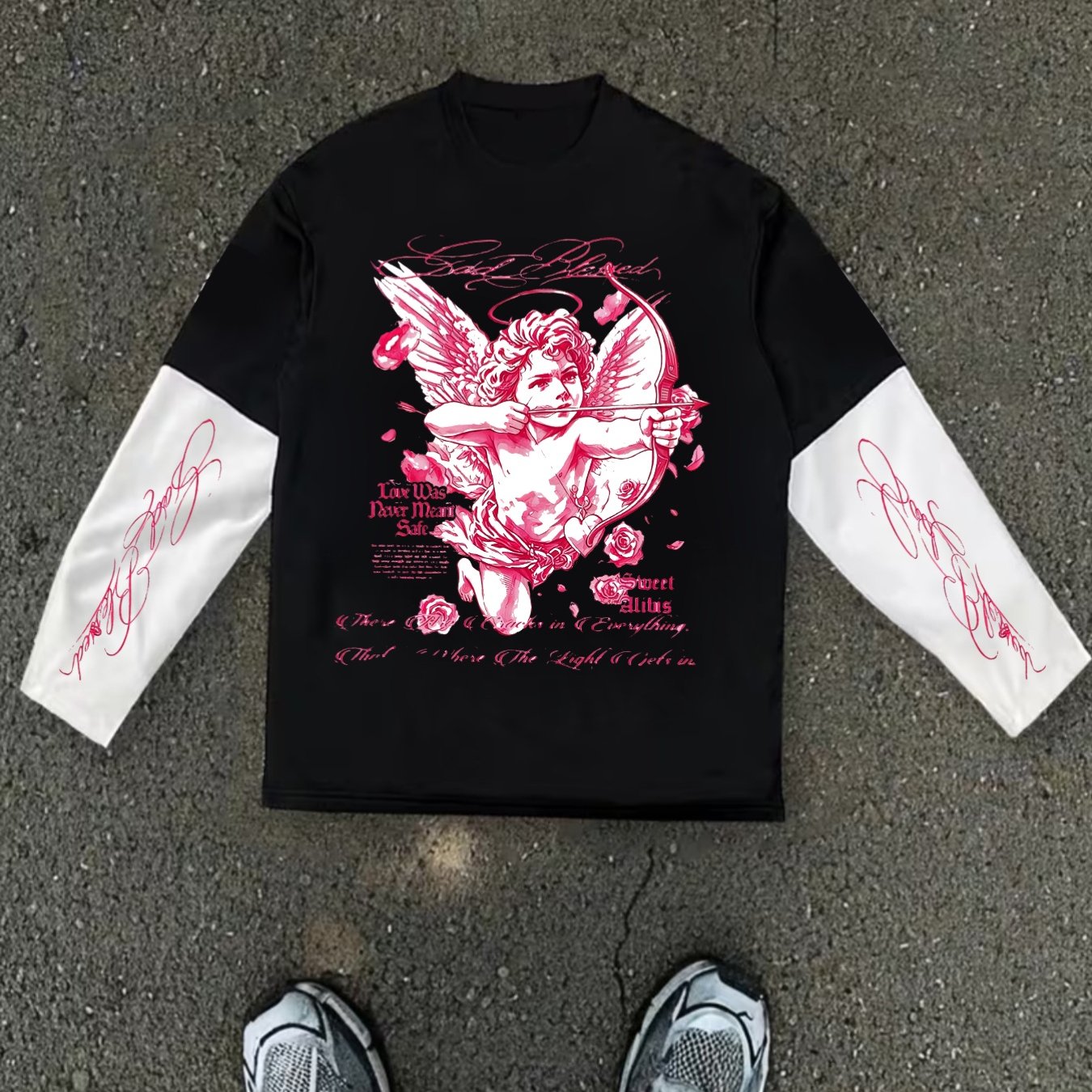 TEMU T-shirt a maniche lunghe due pezzi con scritta calligrafica "Pink Cupid Rose " e color block, top niche