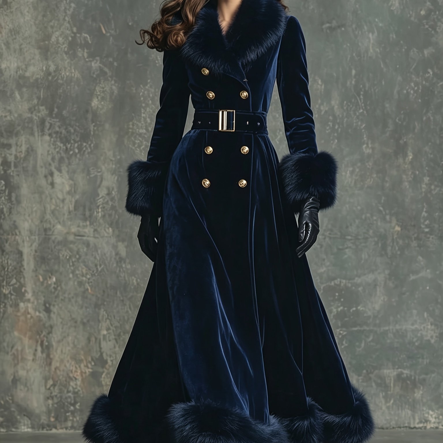 TEMU Womenâs Elegant Vintage Navy Blue Warm Coat | Double-breasted Long Coat With Plush Collar, Waist- Fit