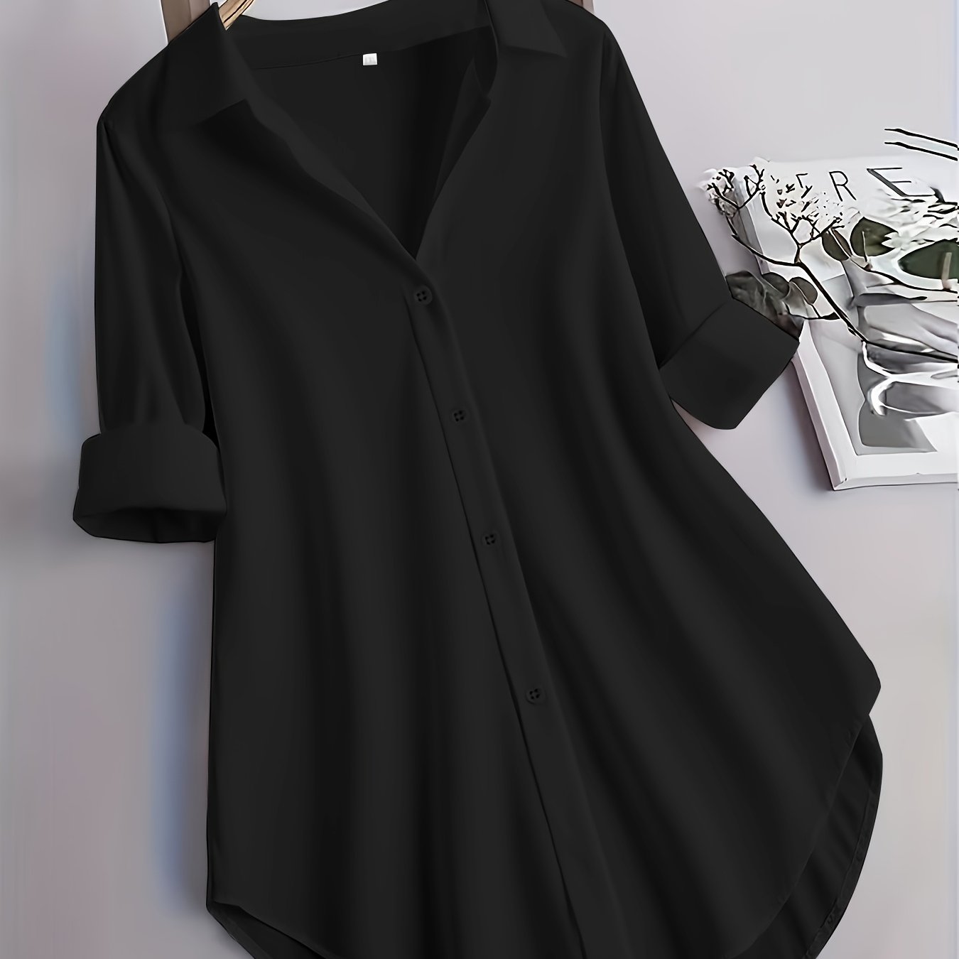E-shop Plus Size, Neue elegante Plus-Size Mode: Einfarbiges Midi-Hemd mit Kragen langen Ärmeln für – Ganzjahresmodell & maschinenwaschebar