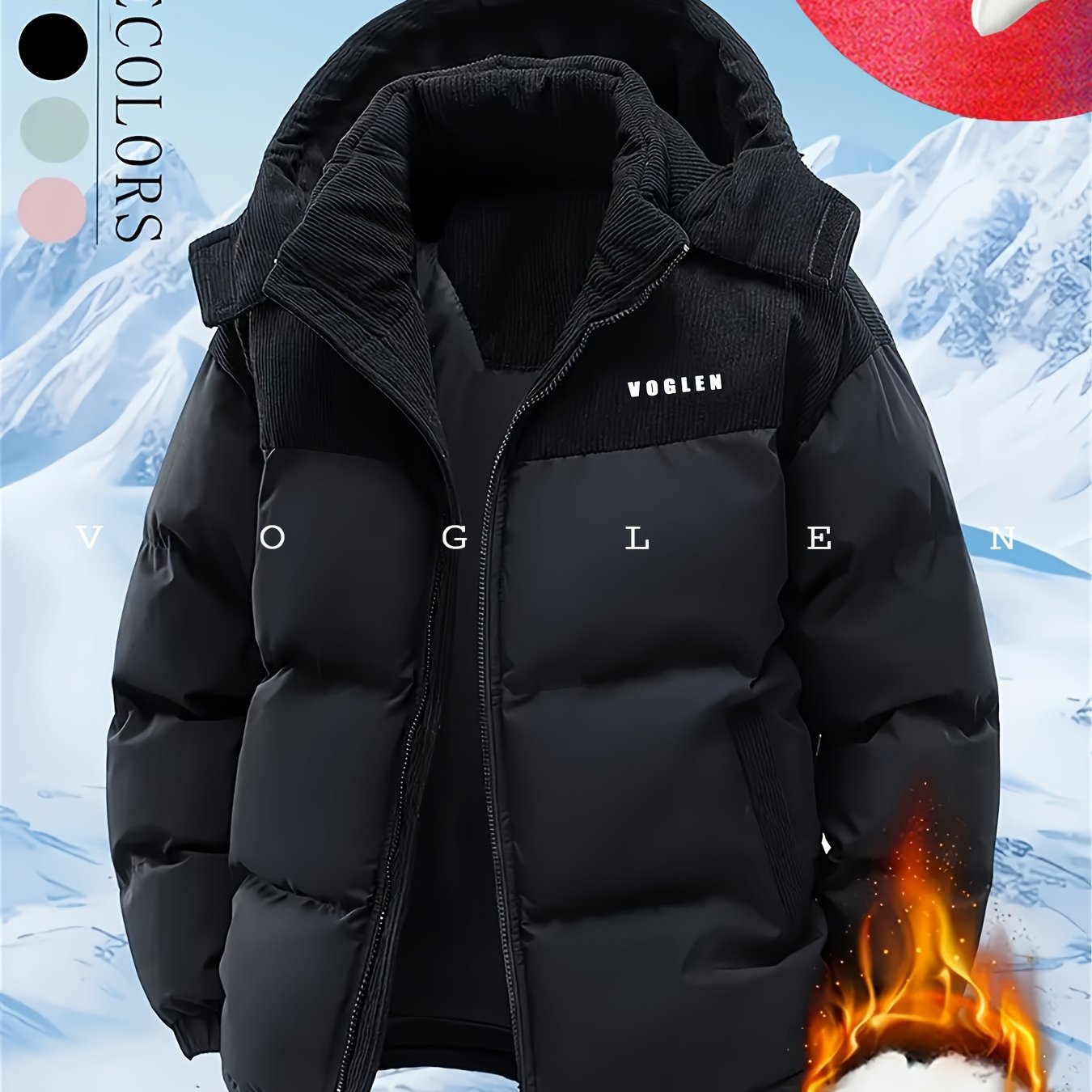 TEMU 1pc Winter Men's Warm Color-block Padded With Detachable -lined Hood, Casual Outerwear, Couple's Top, Includes A Pair Of Socks, Suitable For