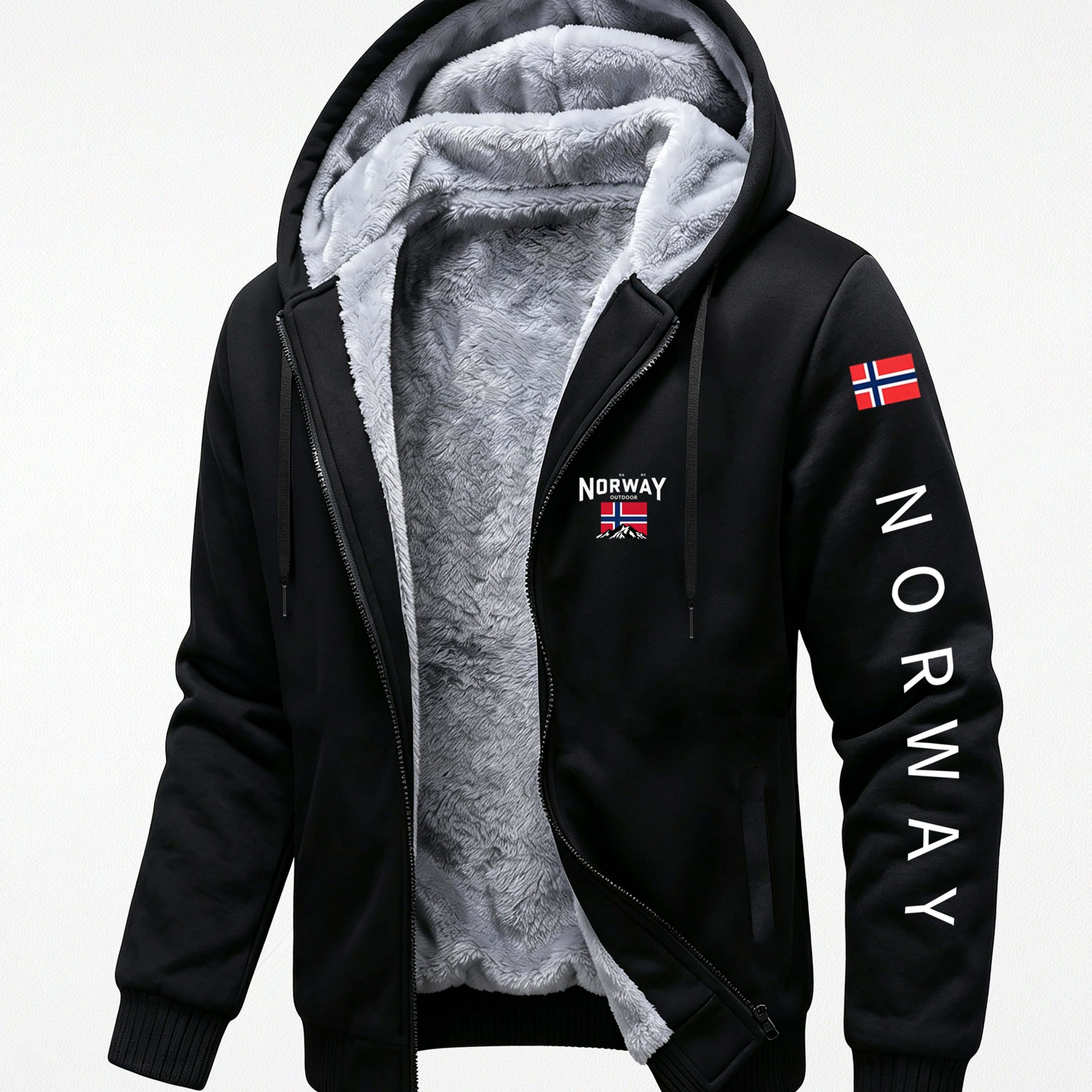 TEMU Chaqueta con capucha y cremallera de forro polar para hombre, noruega con , alpino, corte de otoño e invierno, ajuste regular para senderismo y