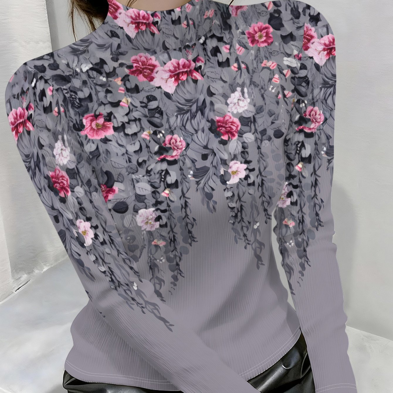 TEMU Simple, Floral Print, Fashionable And Versatile Casual Women's T-shirt, Semi-high Neck Ribbed Long Sleeve Round Neck Casual Top, New