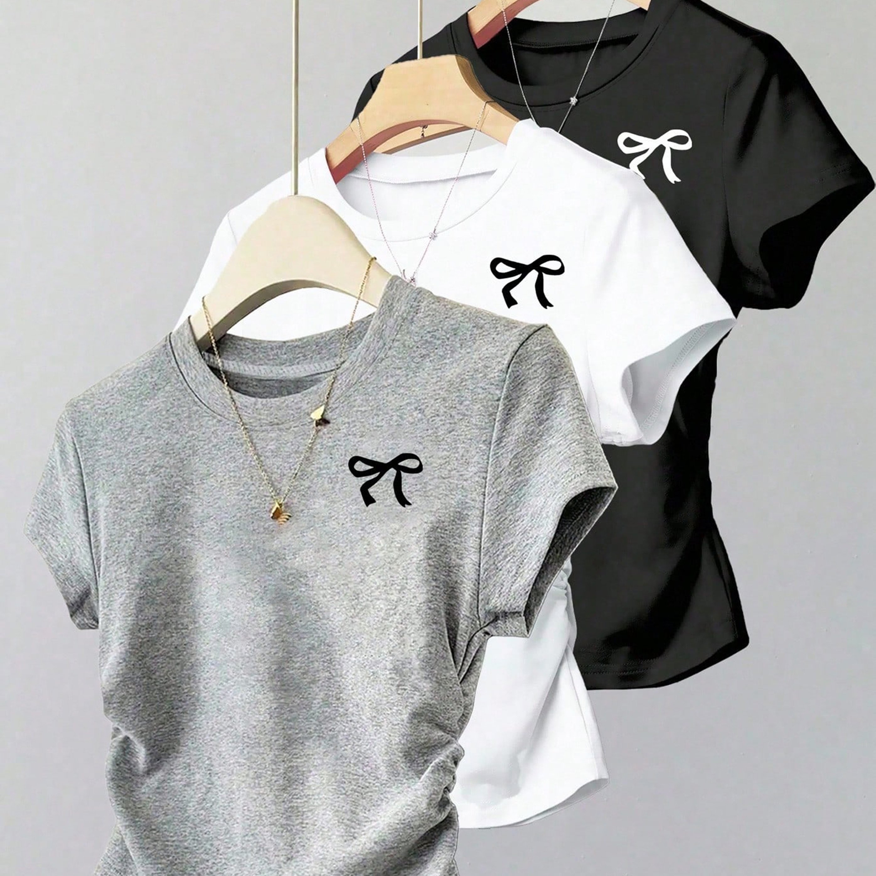 Image of Girls' Spring/summer Fashion Short-sleeve T-shirt 3pcs Set, Featuring A Round Neck Design, Is An For Daily Casual And Commuting Outfits