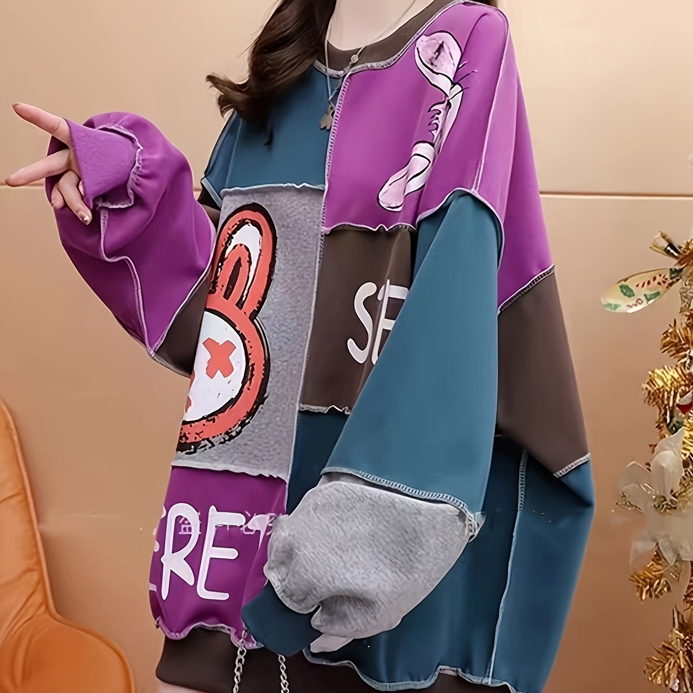 TEMU 秋冬に着ると本当に素敵！ゆったりラクチンスタイル カラーブロック キャラクタープリント レディースフーディー