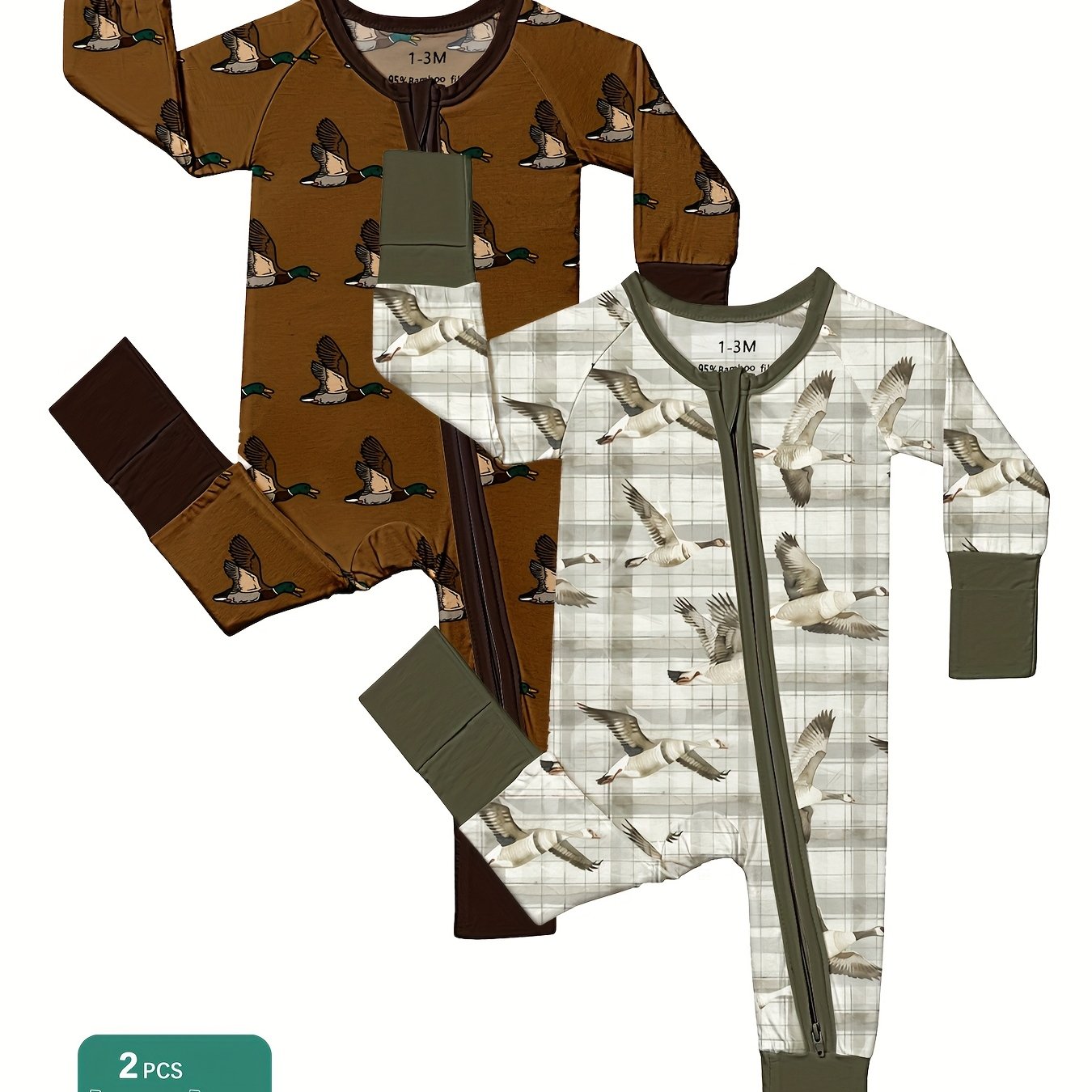 TEMU 2pcs Bamboo Fiber Baby Bodysuit With Duck Print, Double-sided Zipper, And Matching Pants - Casual, , Machine Washable - Adorable Design For