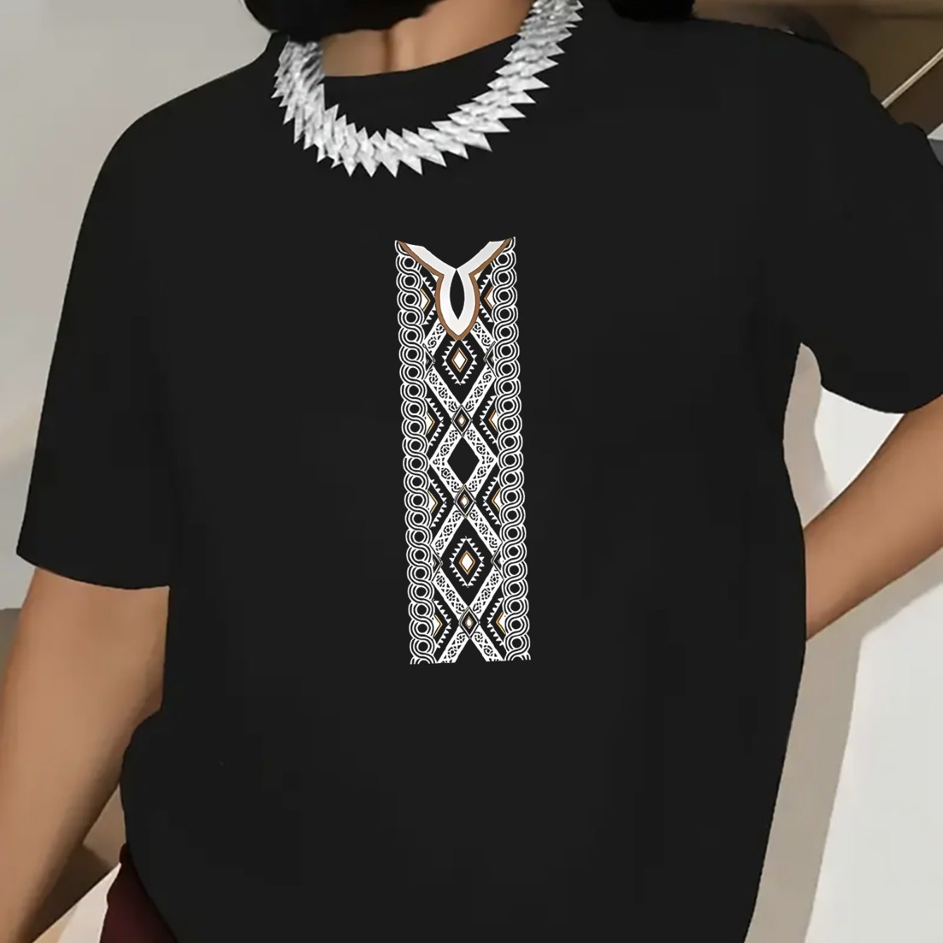 TEMU Women's Casual Short Sleeve T-shirt With Ethnic Embroidery Design - Stylish Mature Round Neck Top, Fabric, Machine Washable, For Casual Attire,