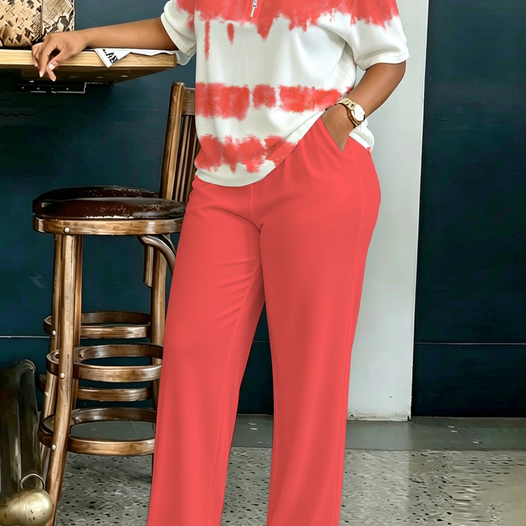 Image of Plus Size, Plus Size Women's Tie-dye Ink Stripe Print Half-zip Lapel Short-sleeve Sweatshirt + Solid Color Loose Long Pants With Pockets, Commuting Casual S Elegant Fashion 2pcs Set