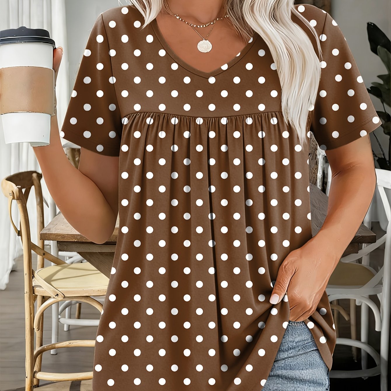 TEMU Plus Size Fashion Women's Chest Polka Dot Printed Short Sleeve V-neck T-shirt