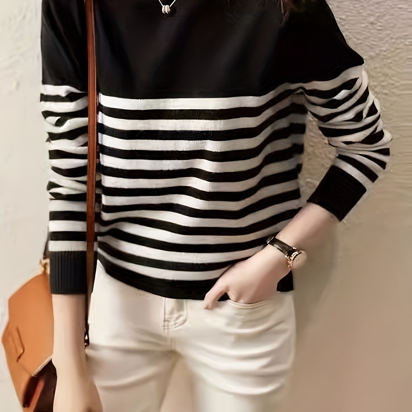 TEMU A Versatile And Elegant Semi-high Neck Striped Sweater For Women, With A Round Neck And Long Sleeves, Suitable For All . A Fashionable Sweater