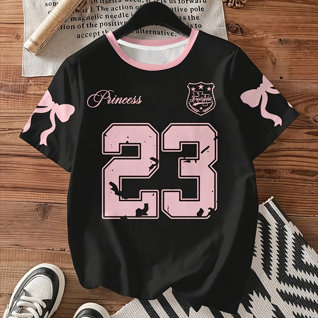 TEMU Women's Casual T-shirt With Simple Bow And Number 23 Print Round Neck Short Sleeve Loose T-shirt For Women, Suitable For Daily Wear, Best Gift