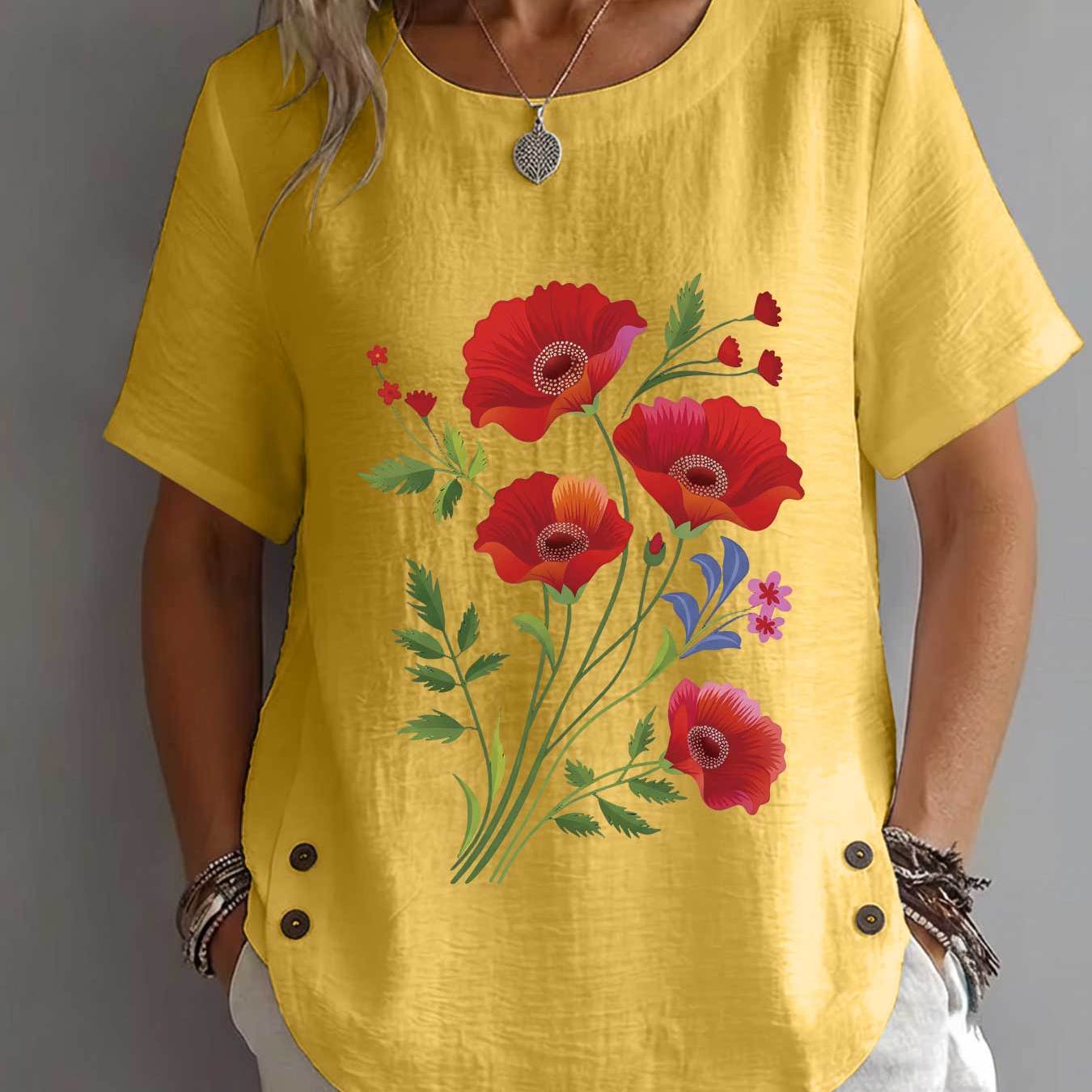 TEMU Spring Summer Casual Elegant Women's Top, Floral Print Loose Round Neck Short Sleeve Clothing