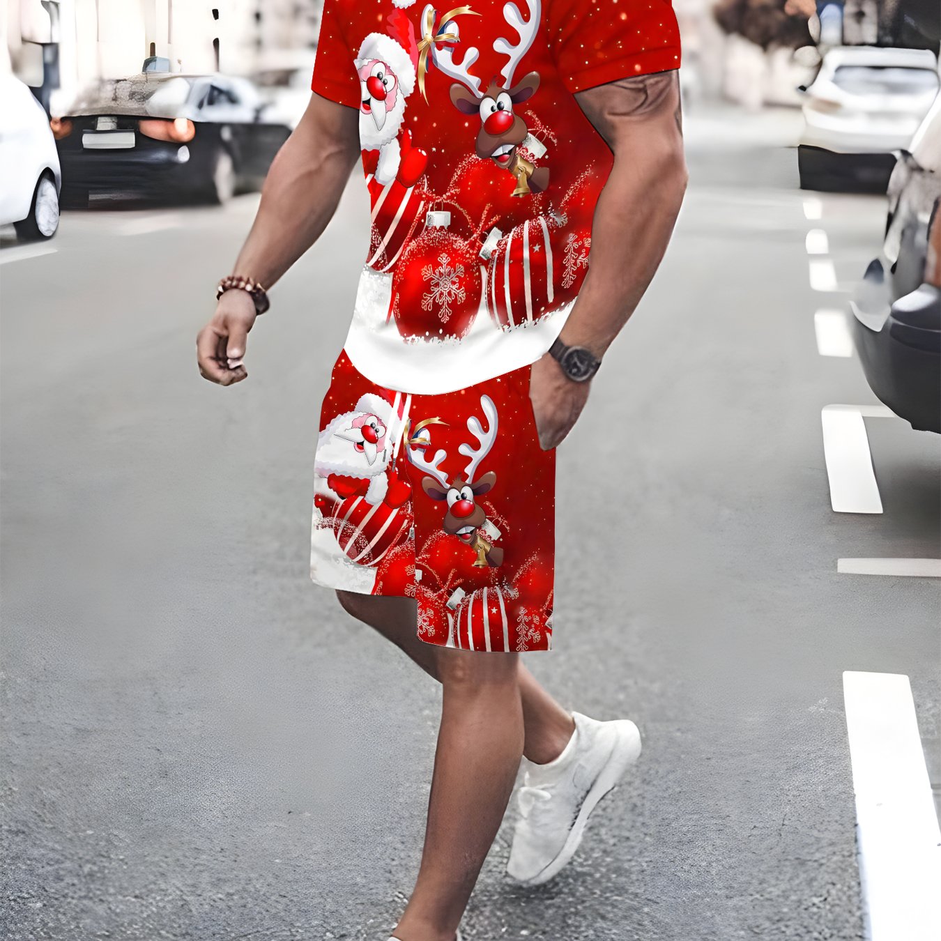 TEMU Men's Santa Claus Gift Print Short Sleeve And Shorts Set For Christmas, New Year's Eve, And Prom - Festive Casual Outfit
