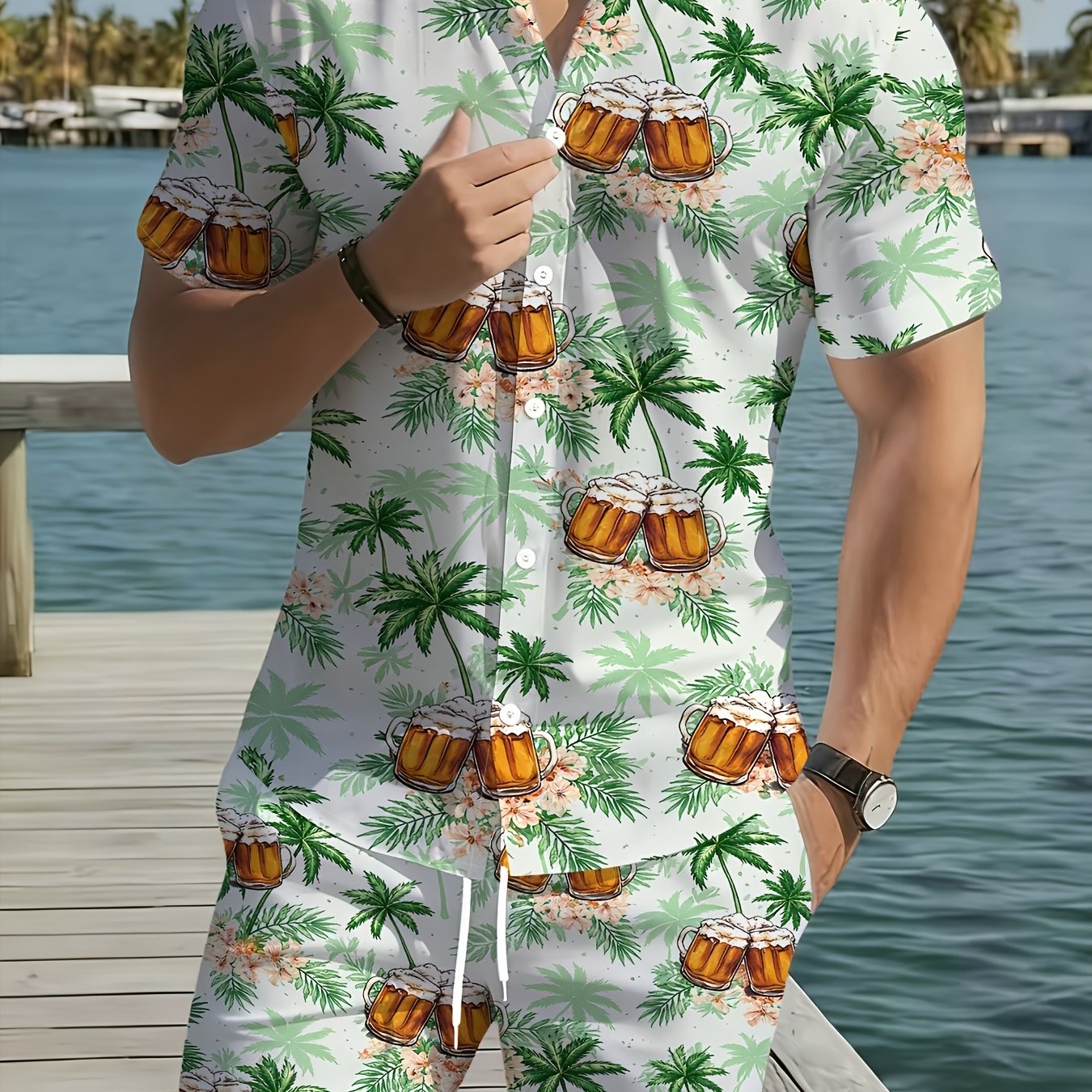 TEMU [printed Design â Not Textured] European And Style Tropical Beer : Men's Short-sleeve Shirt   Drawstring Shorts For Beach Vacation Wear