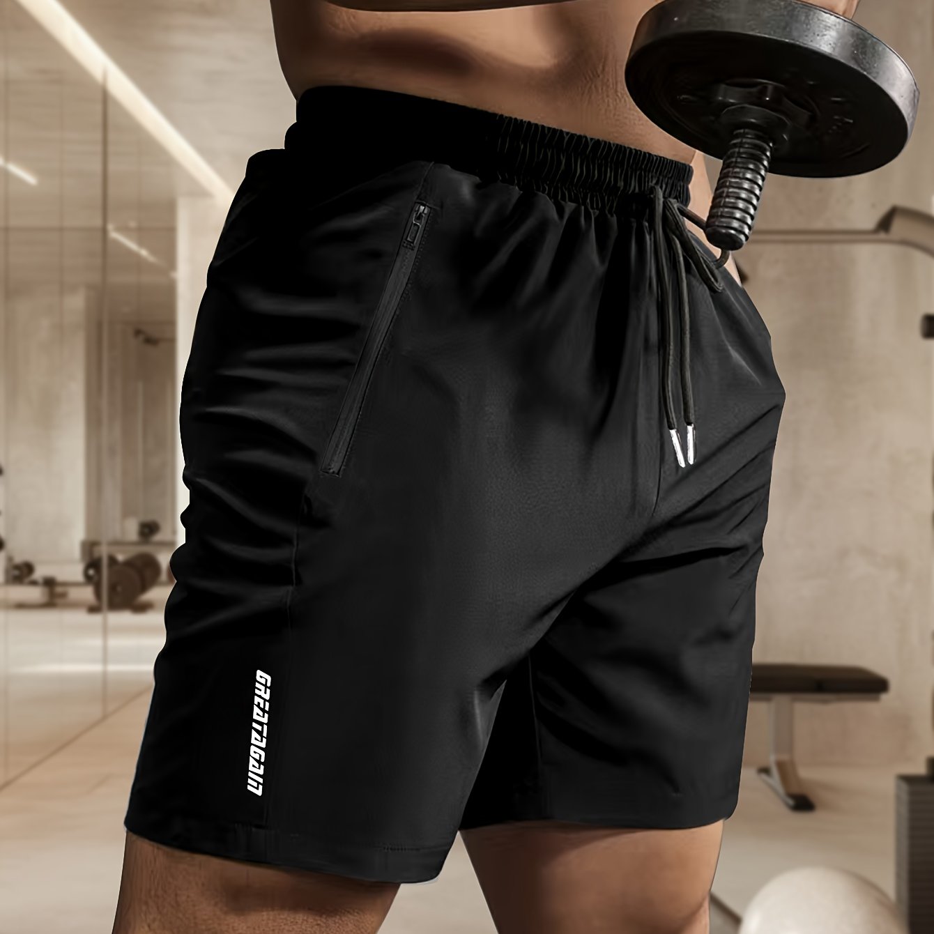 TEMU Men's Active Training Shorts Polyester Blend Casual Style With Alphabet Print - Non-stretch, Loose Fit, Breathable Woven Fabric With Zip Pocket Detail For Gym, Fitness & Everyday Summer Wear